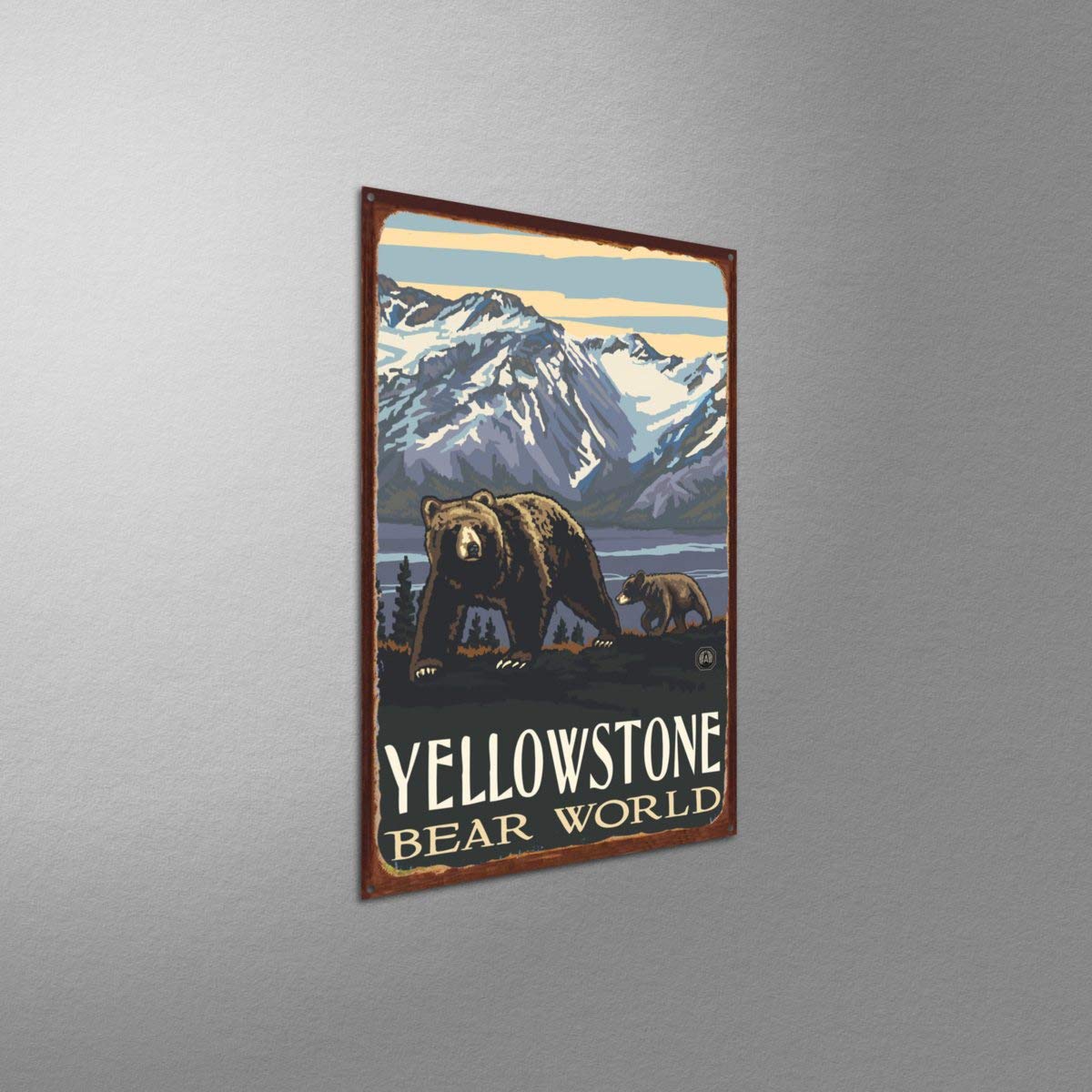 Yellowstone Bear World Grizzly & Cub Rustic Metal Wall Art Print - 11.5x17.5 Inches - Nature Wildlife Decor by Artist Paul A. Lanquist - Perfect for Cabin, Lodge & Western Home Decor