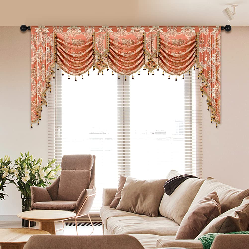 ELKCA Jacquard Waterfall Valance - Damask Coffee Kitchen & Living Room Curtain Valance - 1 Panel (98 Inch Wide) - Perfect for Windows, French Doors & Home Decor