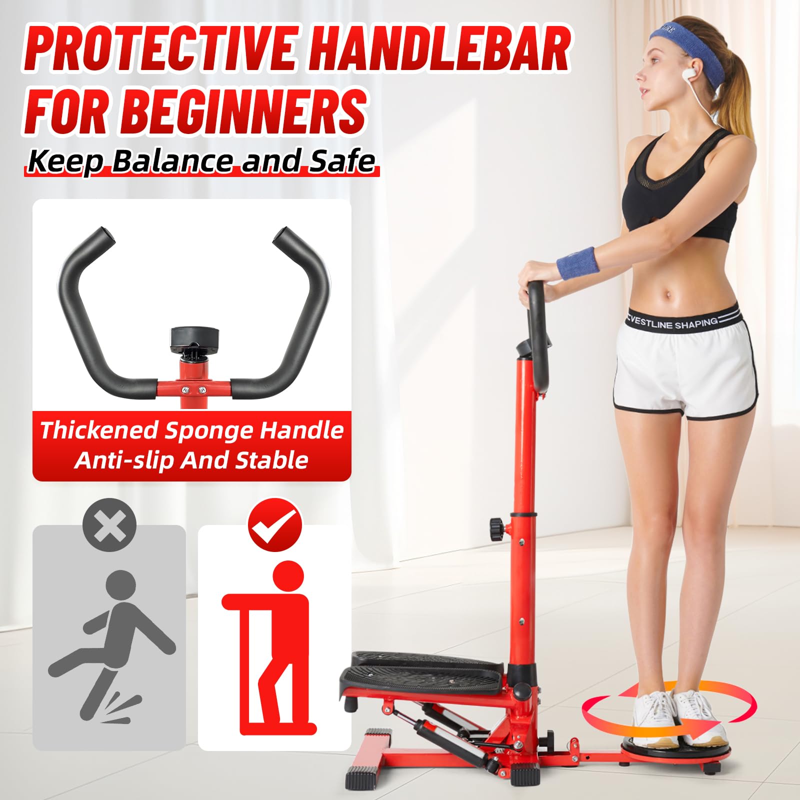 Mini Stepper with Handlebar & Resistance Bands - 330lbs Capacity Twist Stepper Machine for Home Cardio, Full-Body Workout & Fitness - Perfect for Small Spaces, Office Exercise & Weight Loss (Red)