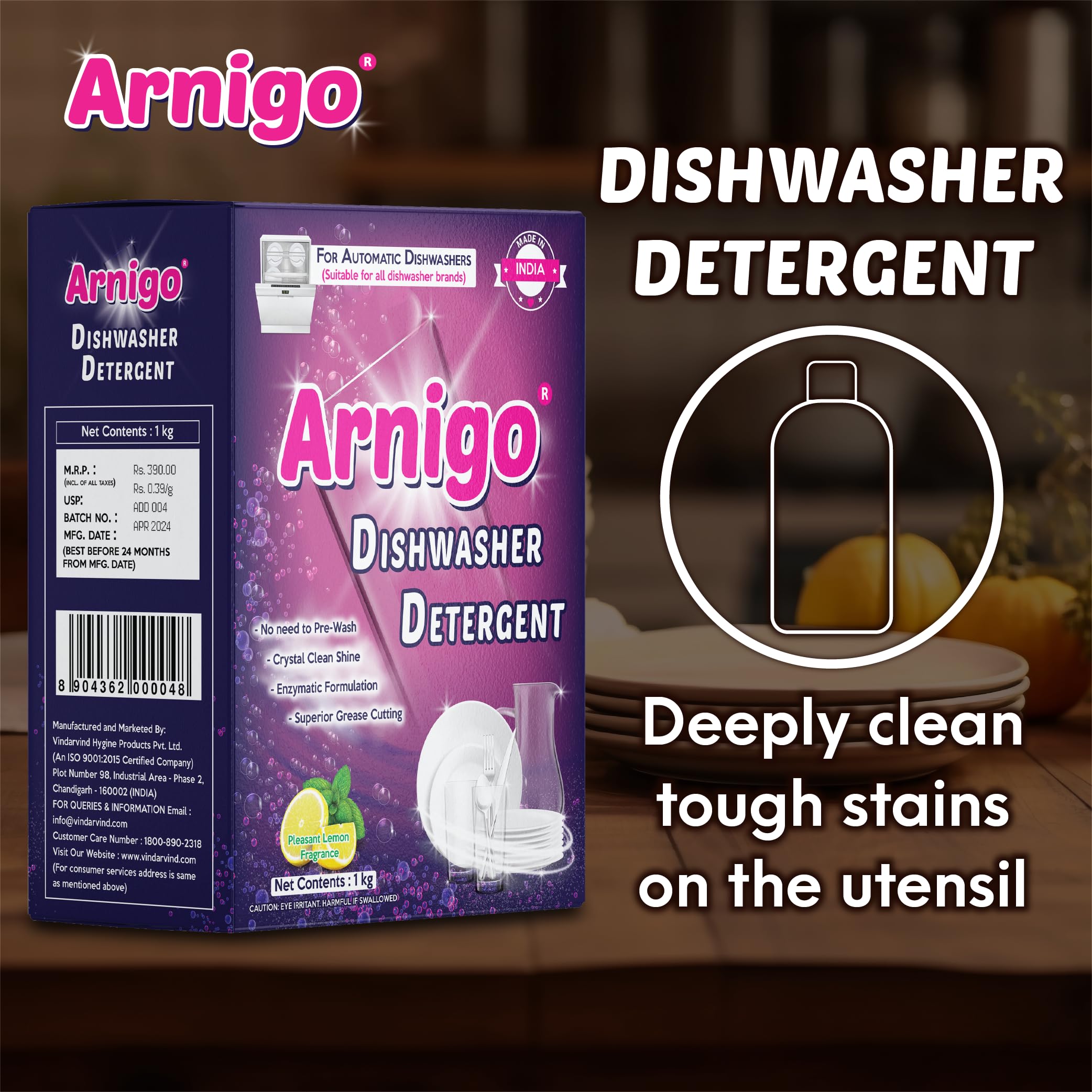 Arnigo Dishwasher Detergent Powder - Enzyme Rich Formula for All Brands | No Pre-wash Needed | Crystal Clean Shine with Mineral-based Technology (1kg) - Perfect for Daily Dishwashing & Hard Water Areas
