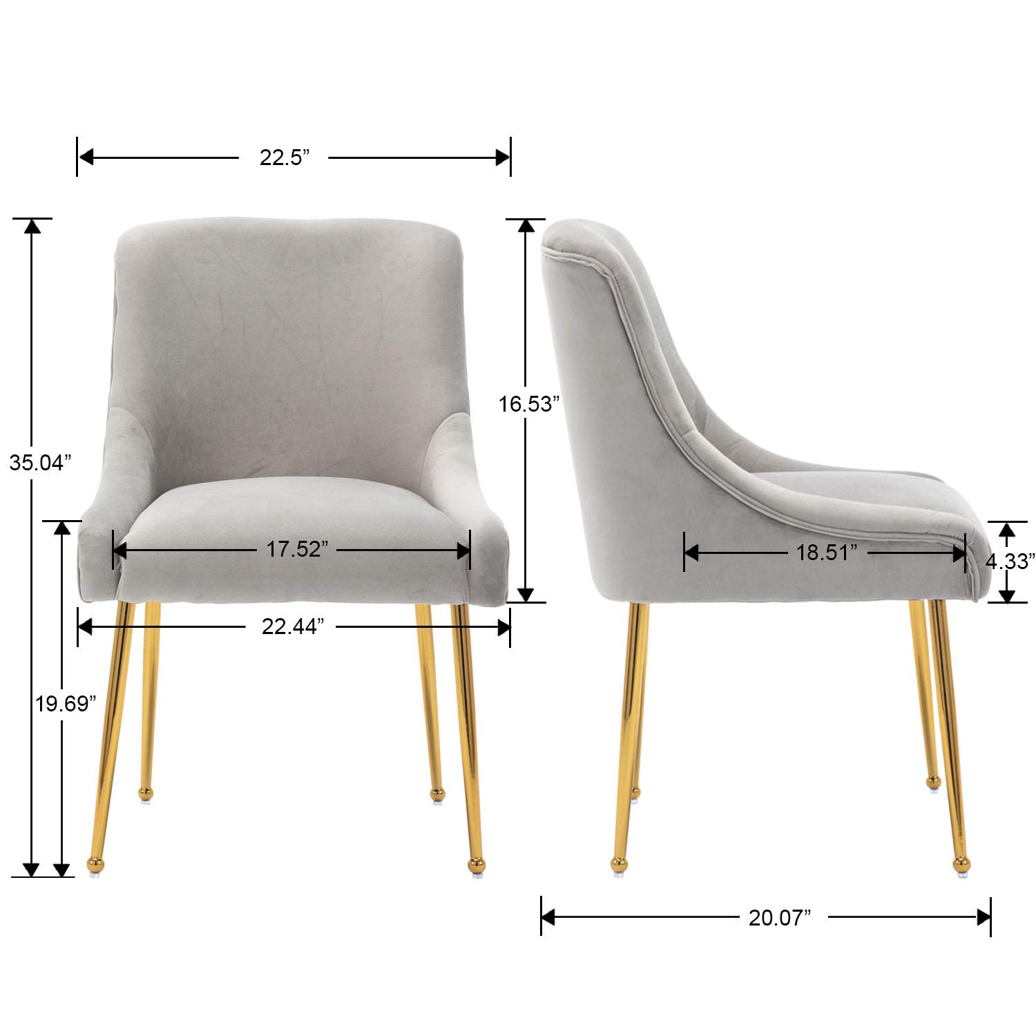 Guyou Grey Velvet Dining Chairs Set of 2 - Modern Upholstered Accent Chairs with Gold Metal Legs for Kitchen, Dining Room, Living Room & Bedroom - Perfect for Small Spaces, Apartments and Home Decor (Grey)