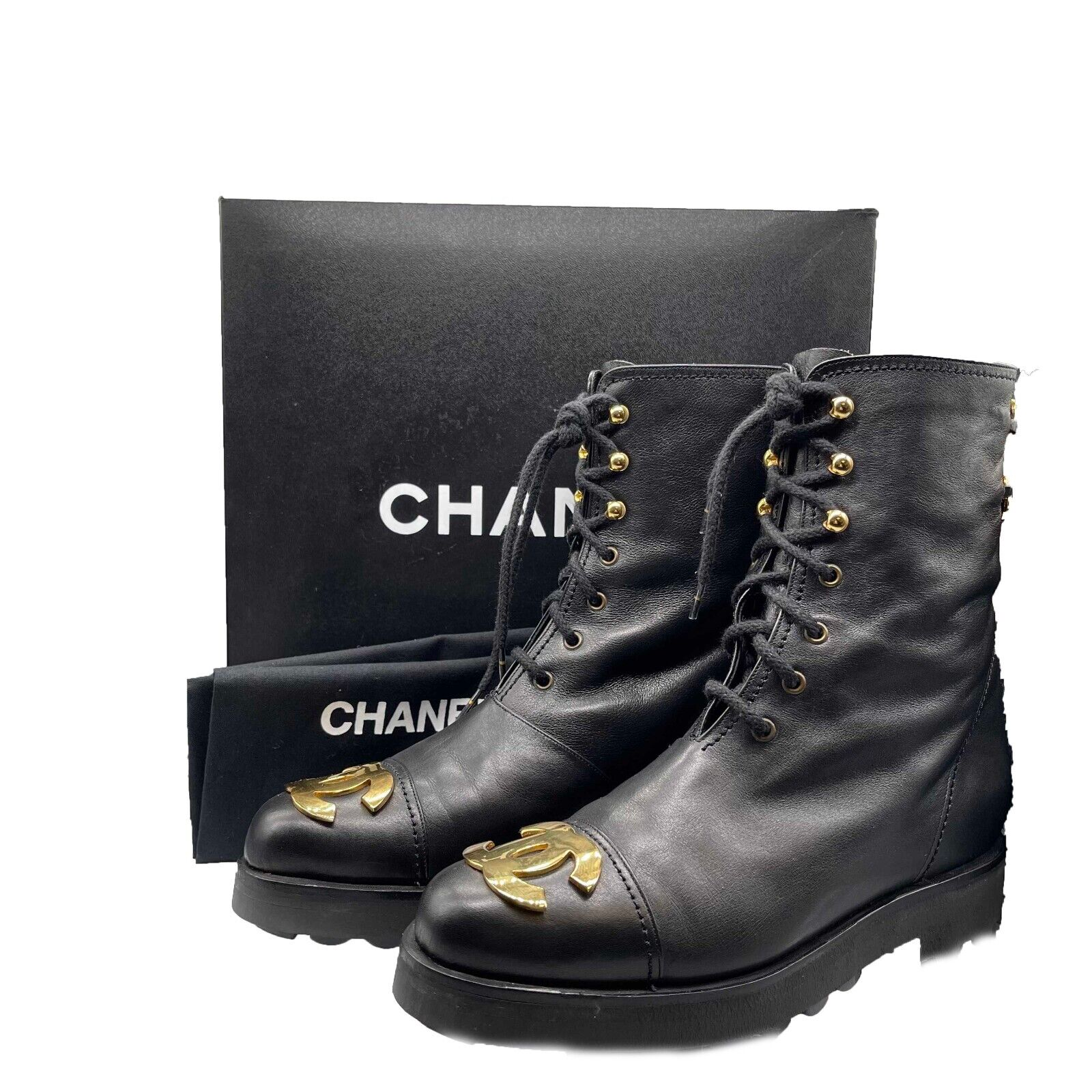 Vintage Chanel Combat Boots with Gold Plated Plaque - Black Leather 1990s Size FR 36 US 5.5 - Rare Collectible Fashion for Women, Perfect for Retro Outfits & Luxury Streetwear