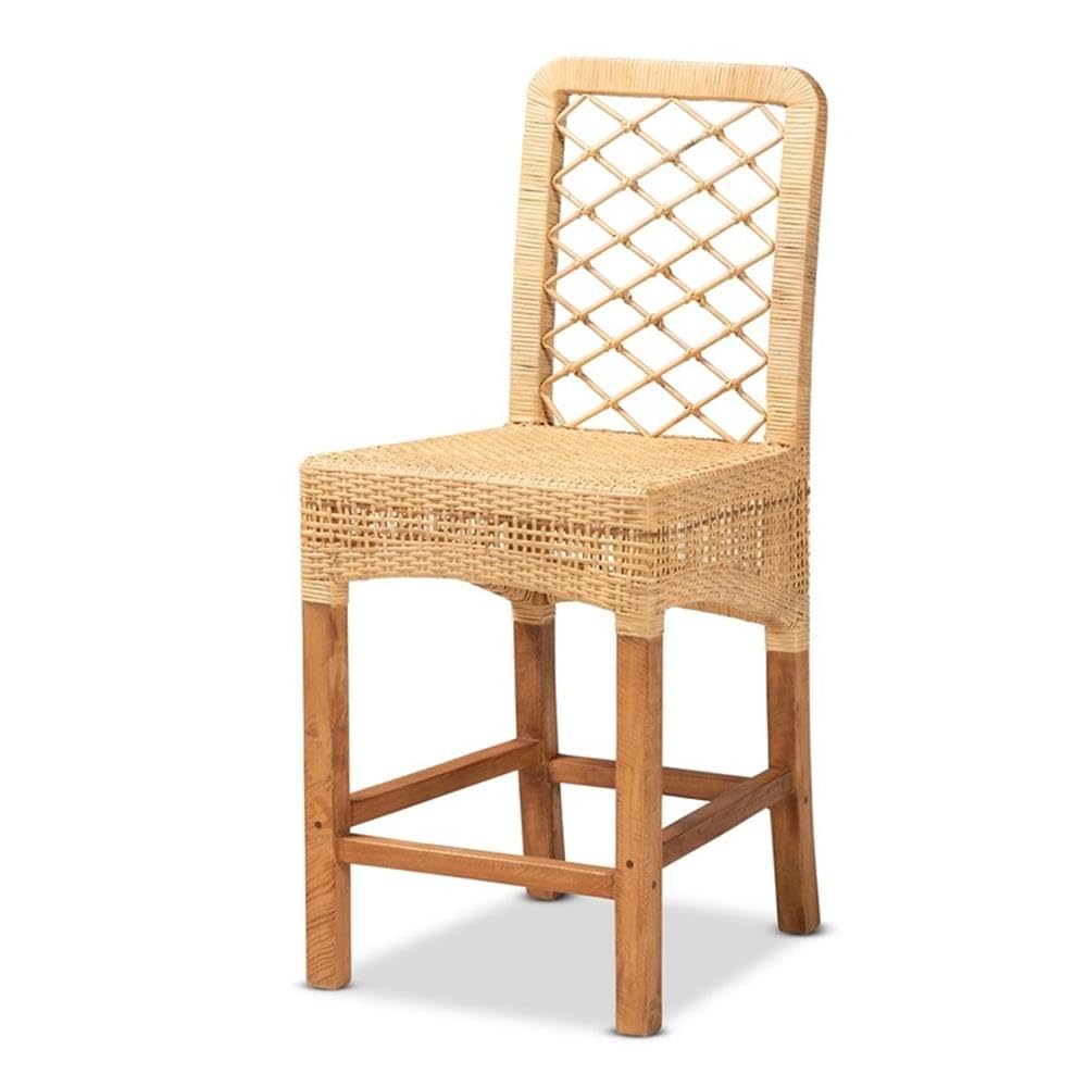 Baxton Studio Moscow Brown Rattan & Walnut Wood Counter Stool - Bar Height Kitchen Island Stool for Dining Room, Breakfast Nook & Home Decor