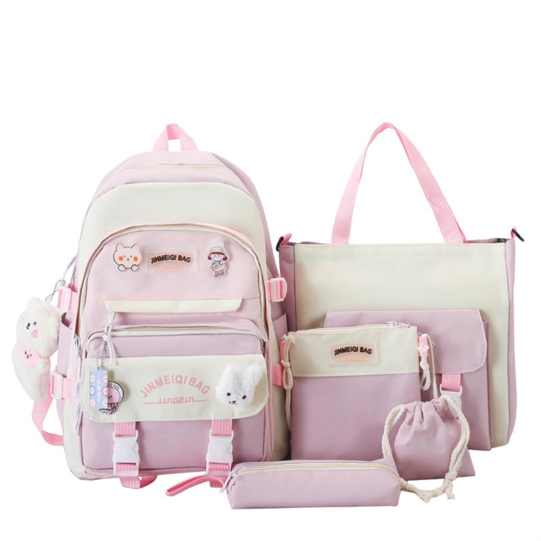 5Pcs Kawaii Cute Backpack Set for School - Aesthetic Pink Backpack with Accessories | Perfect for Girls, Teens & College Students | School Supplies, Travel & Daily Use