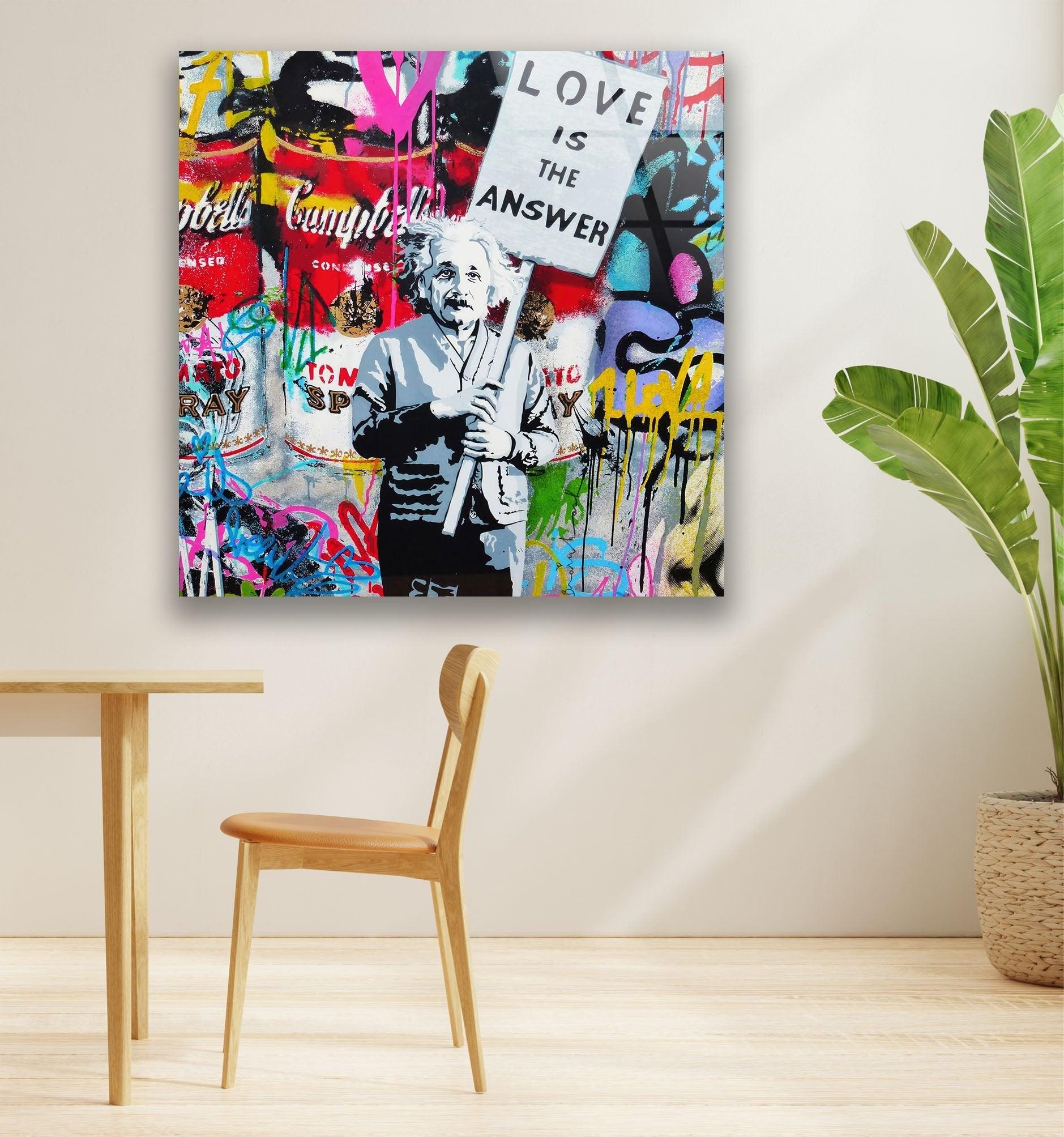 Banksy Einstein Graffiti Glass Wall Art - Modern Home Decor for Living Room, Office & Bedroom - Unique Street Art Inspired Glass Painting