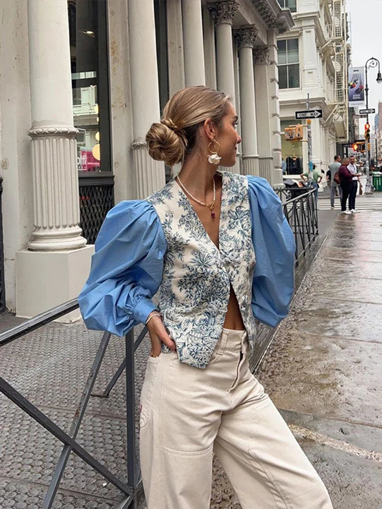 Women's Fashion Print Lantern Sleeve Shirt - Loose Fit Button Down V-Neck Split Top - Summer Patchwork Blue Streetwear Blouse for Casual Outings & Boho Style