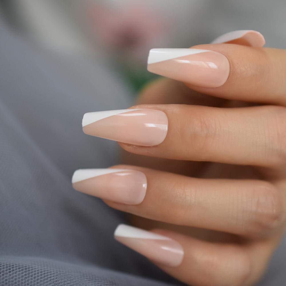 Glossy Super Long False Nails - Nude Pink & White French Tips with Shiny Ballerina Smile Line | Coffin Shape Salon Fake Nails for Women | Perfect for Parties, Weddings, and Special Occasions