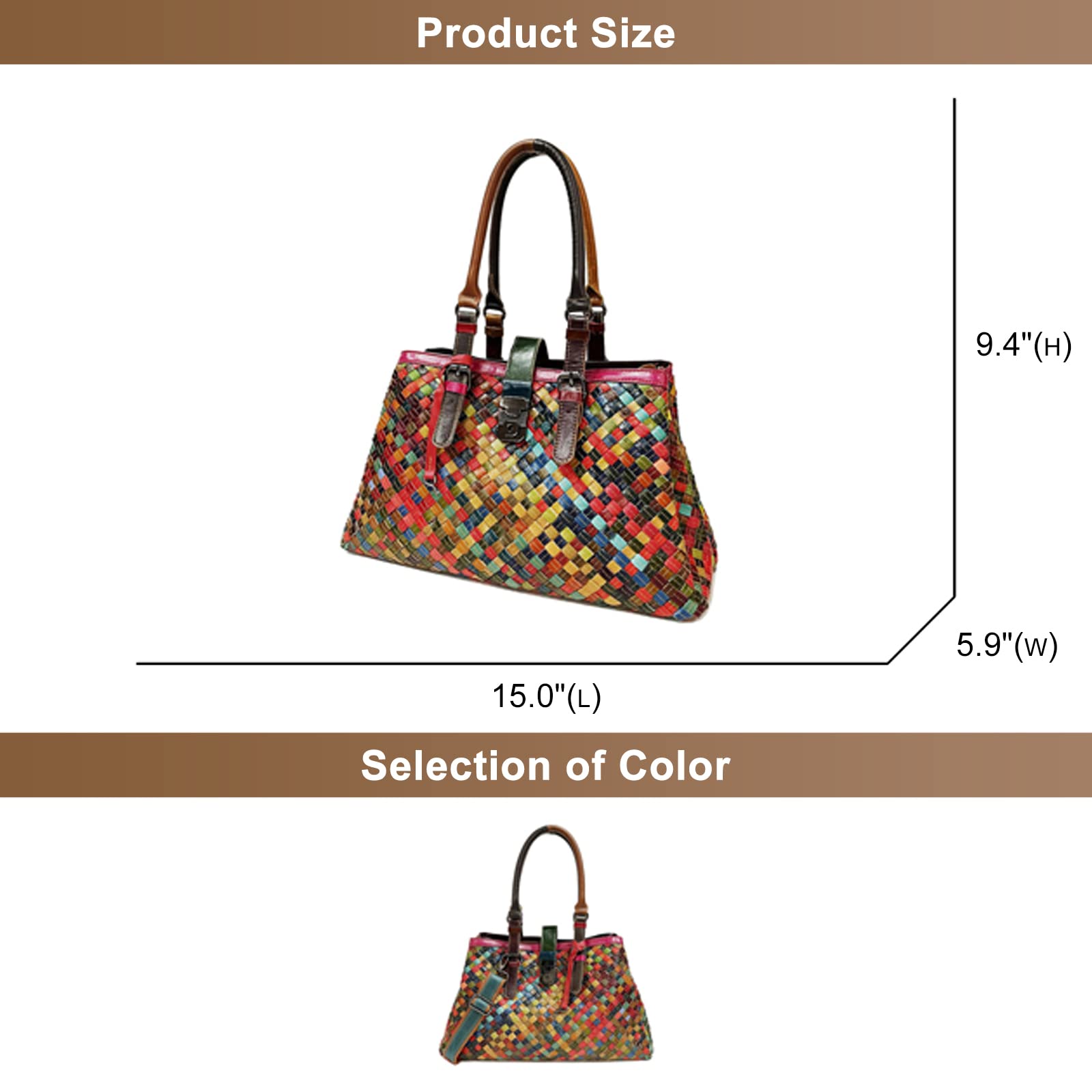 Women's Designer Genuine Leather Handbag - Multicolor Splicing Woven Satchel Purse with Top Handle, Shoulder Strap & Crossbody Option | Perfect for Work, Travel & Everyday Use