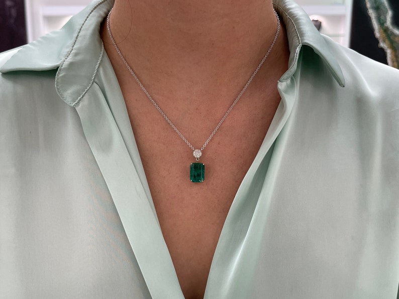 10.57tcw 14K Gold Emerald & Diamond Two Stone Dangle Stationary Necklace for Women - Elegant Jewelry Gift for Birthday, Anniversary & Special Occasions