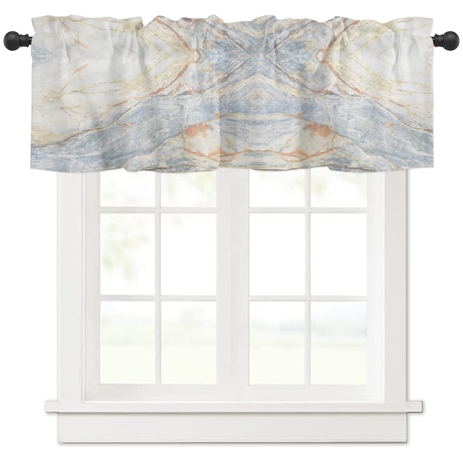 Abstract Marble Print Rod Pocket Window Valance - 54x18 Inch Short Curtain Panel for Kitchen, Bathroom & Bedroom - Modern Window Treatment for Home Decor & Room Aesthetics