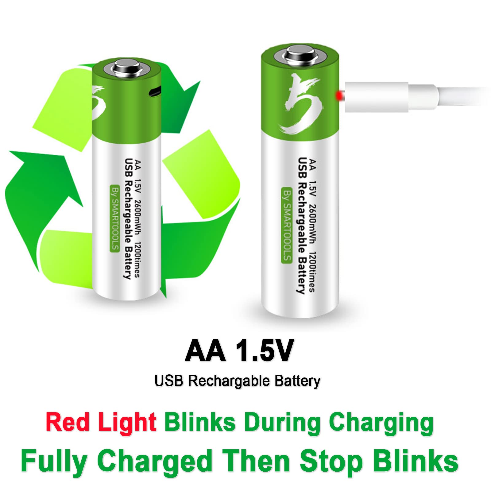 4 Pack Rechargeable AA Lithium Batteries 2600mWh with USB-C Charger - Long Lasting 1.5V Double A Batteries for Cameras, Flashlights, Toys & Electronics - Includes 4-in-1 Type C Charging Cable