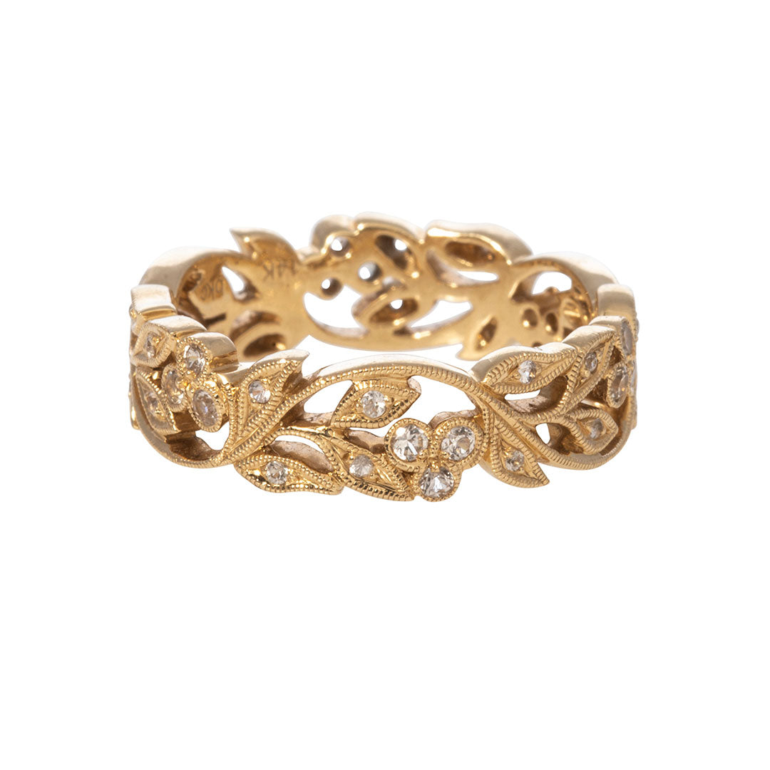 14K Yellow Gold White Sapphire Floral Eternity Wedding Band Ring for Women - Perfect for Bridal, Anniversary & Special Occasion Gifts