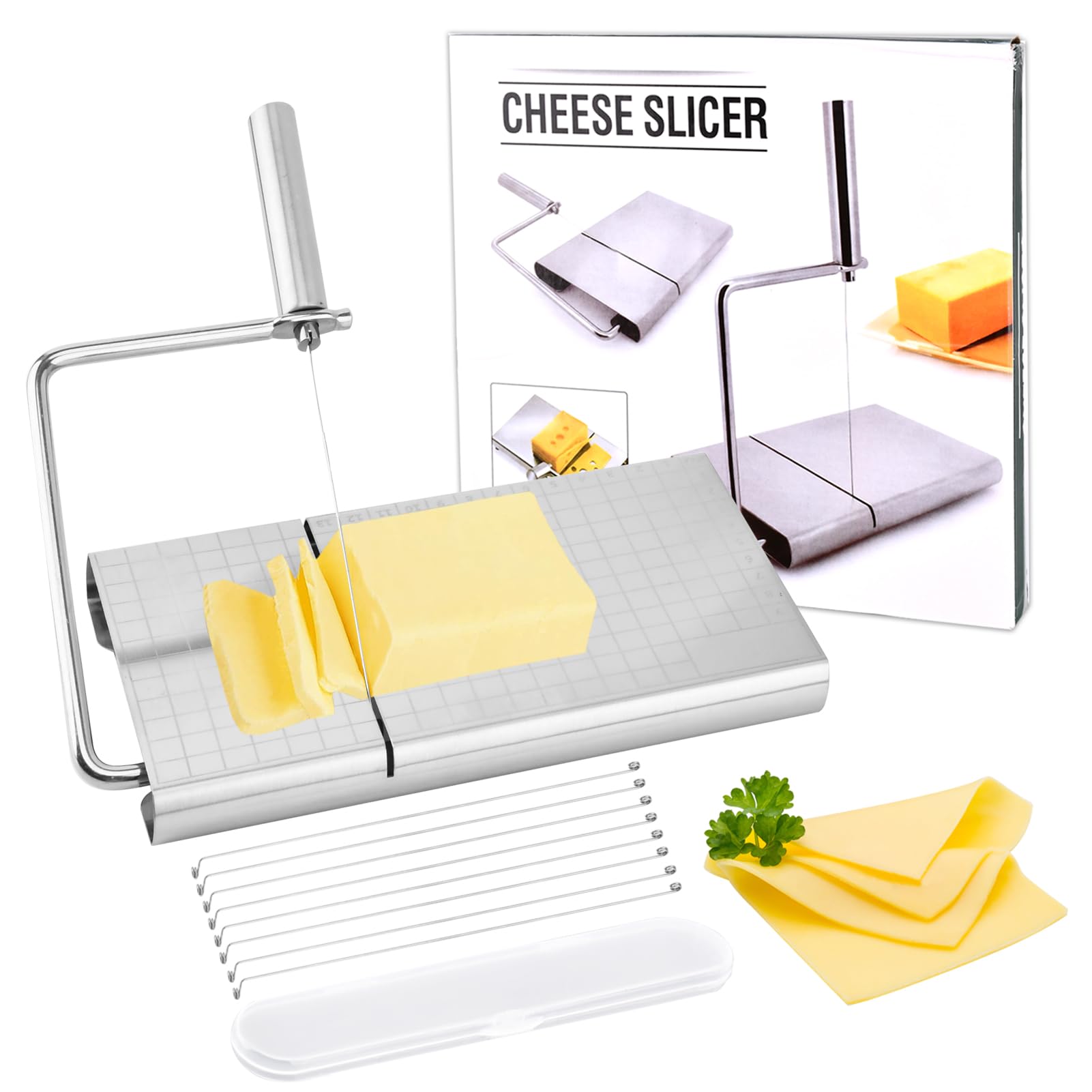 Premium Cheese Slicer Kit with 8 Replaceable Wires, Cutting Board & Measuring Grid - Adjustable for Cheese & Butter - Perfect for Kitchens, Delis & Gourmet Food Preparation