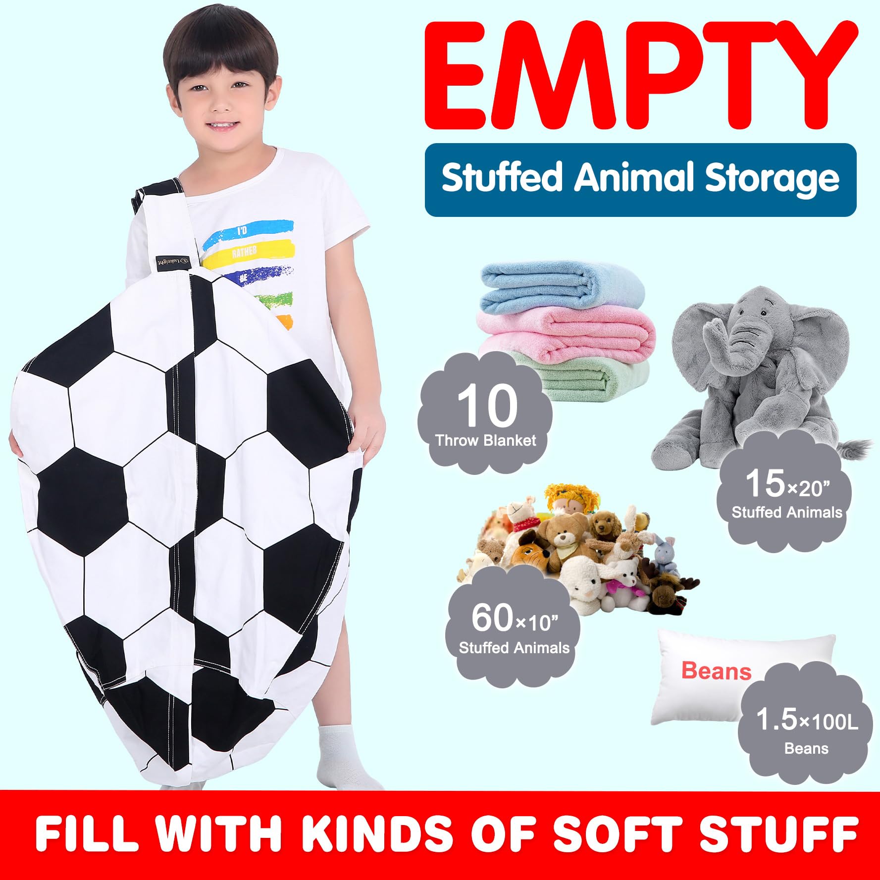 Lukeight Large Soccer Stuffed Animal Storage Bean Bag Chair Cover for Kids - Organize Plush Toys in Toddler & Kids' Rooms - Perfect for Playrooms, Bedrooms, and Daycare Centers (Soccer Design, Large Size)