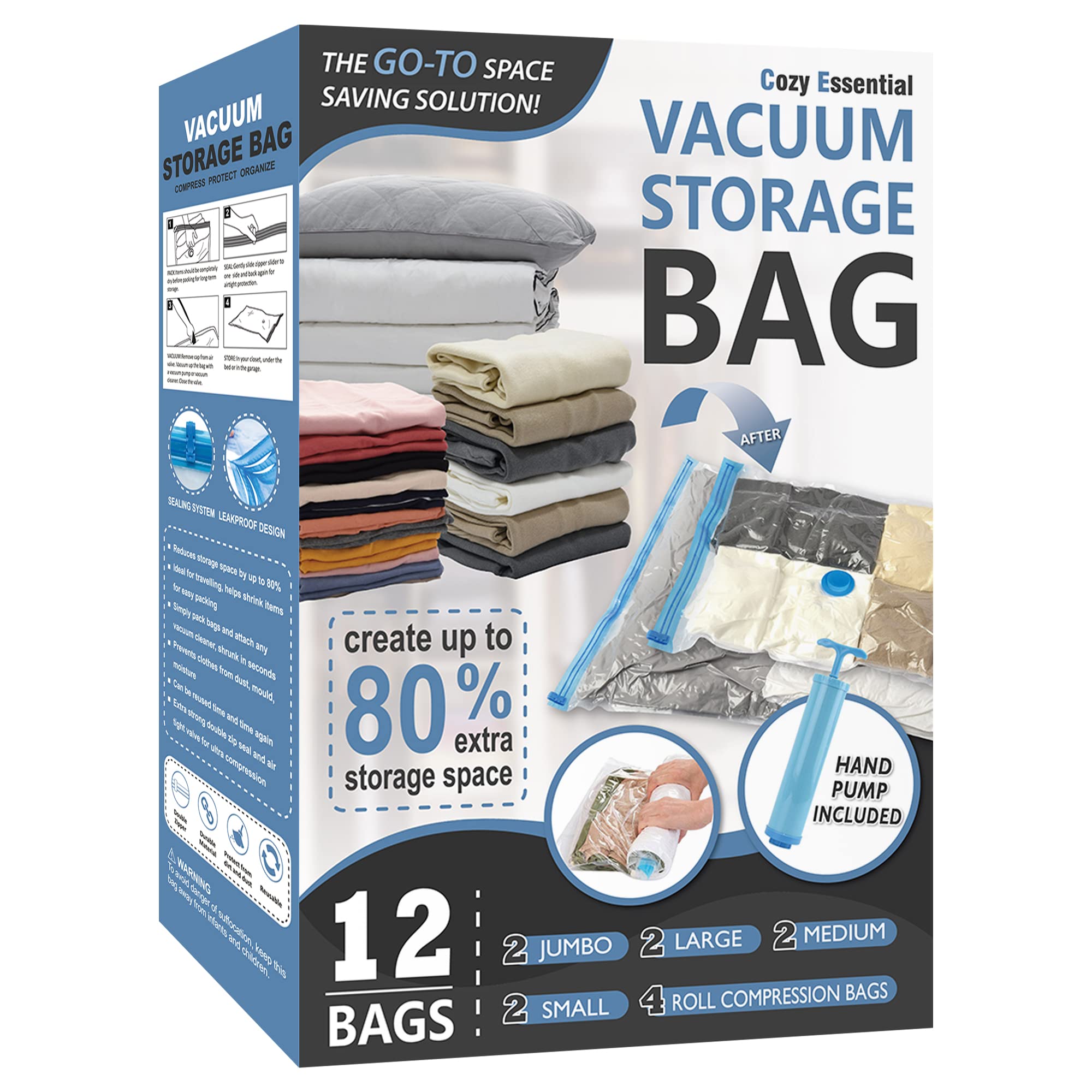 12 Pack Vacuum Storage Bags (2 Jumbo/2 Large/2 Medium/2 Small/4 Roll) - Space Saving Compression Bags for Clothes, Comforters & Blankets - Includes Hand Pump - Perfect for Travel, Seasonal Storage & Home Organization