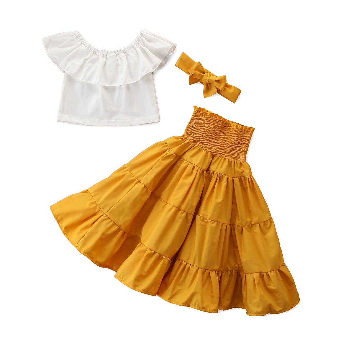 BULINGNA Fashion Girls Off-Shoulder Crop Top & High Waist Ruffled Maxi Skirt Set with Headband - Summer Toddler Outfit for Beach, Party & Photo Shoots