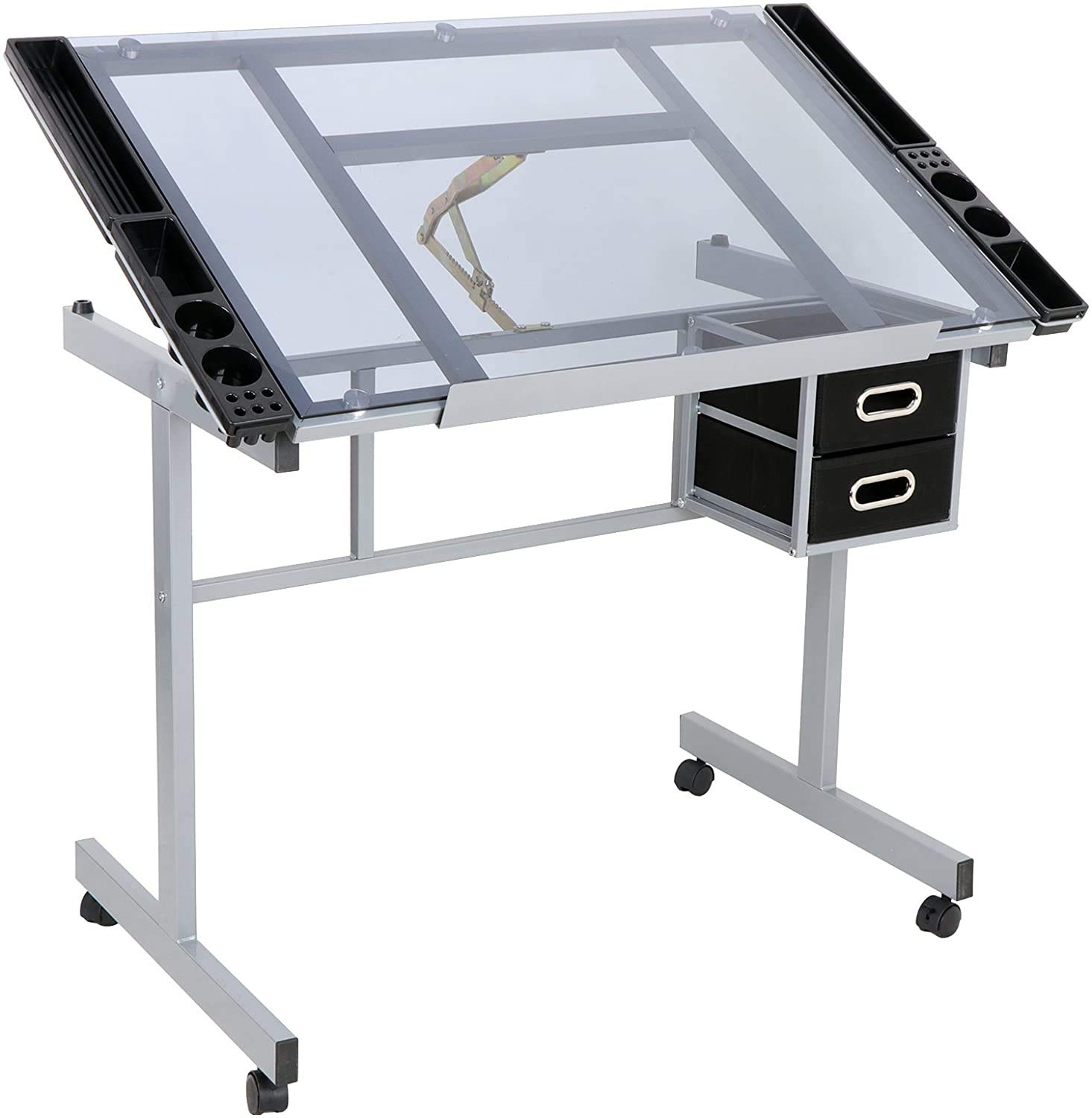 Adjustable Drafting Table with Tempered Glass Top - Folding Drawing Desk for Artists & Crafters, 2 Slide-Out Storage Drawers & Wheels - Perfect for Home Studio, Office & Classroom Workspaces