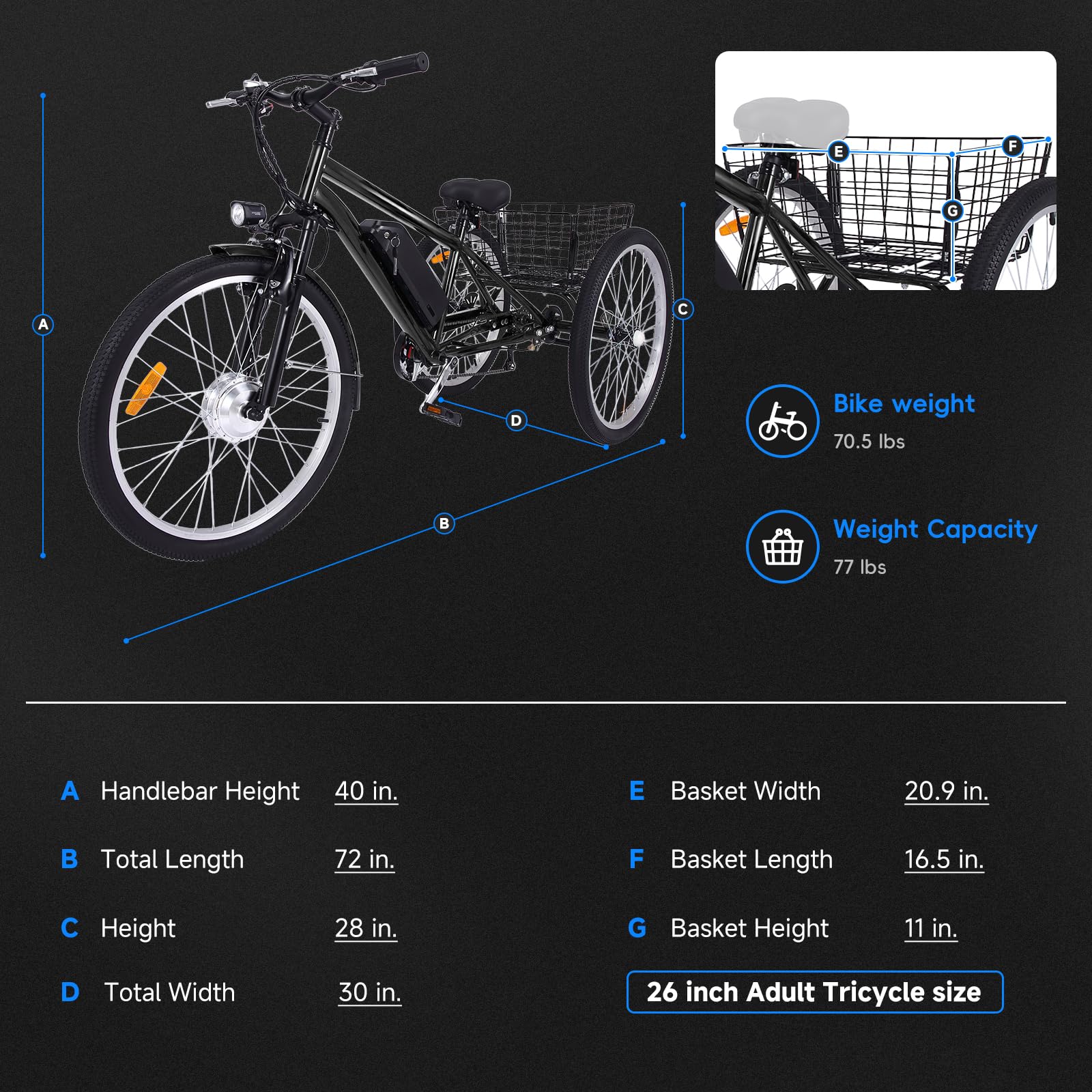 GARVEE 26 Inch Adult 3 Wheel Electric Tricycle with Basket - Fat Tires, 7 Speeds, 350W Powerful Motor, 36V 10Ah Removable Battery, Dark Gray - Perfect for Commuting, Shopping & Leisure Rides