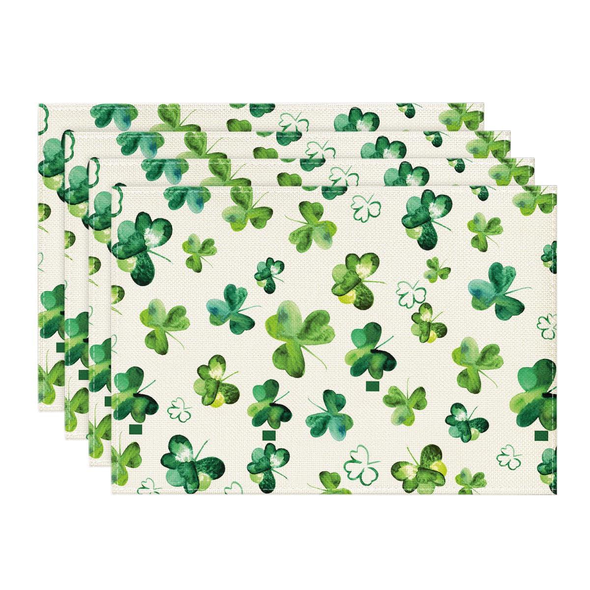 Lucky Shamrock St. Patrick's Day Placemats Set of 4 - 12 x 18 Inch Washable Rustic Vintage Table Mats for Dining Room Decor, Holiday Dinner Party & Irish-Themed Home Celebration