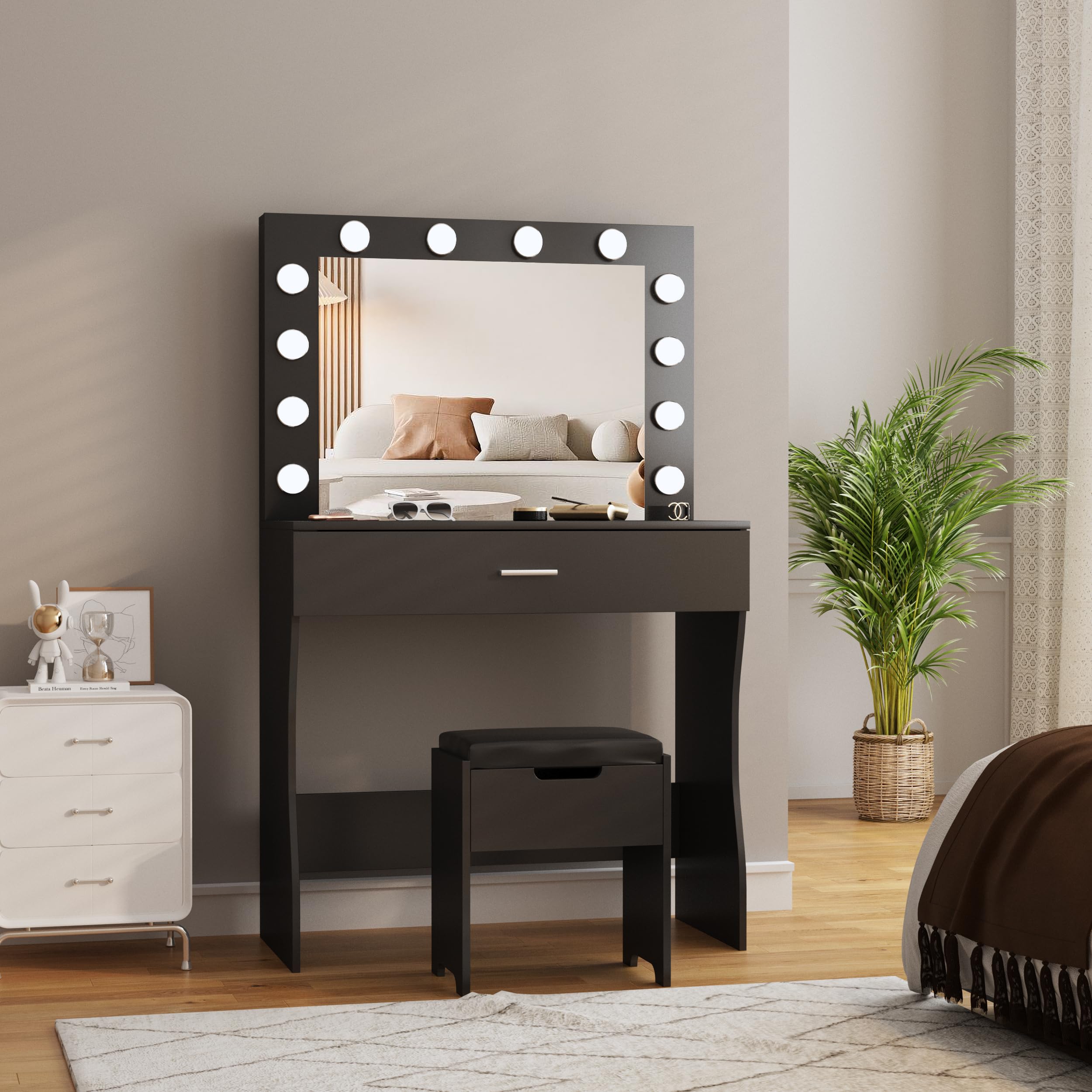 Vanity Desk with Mirror and Lights - Adjustable Brightness Makeup Vanity Table Set with Storage Drawer & Cushioned Chair - Perfect for Bedroom, Dressing Room & Beauty Salon (Black)