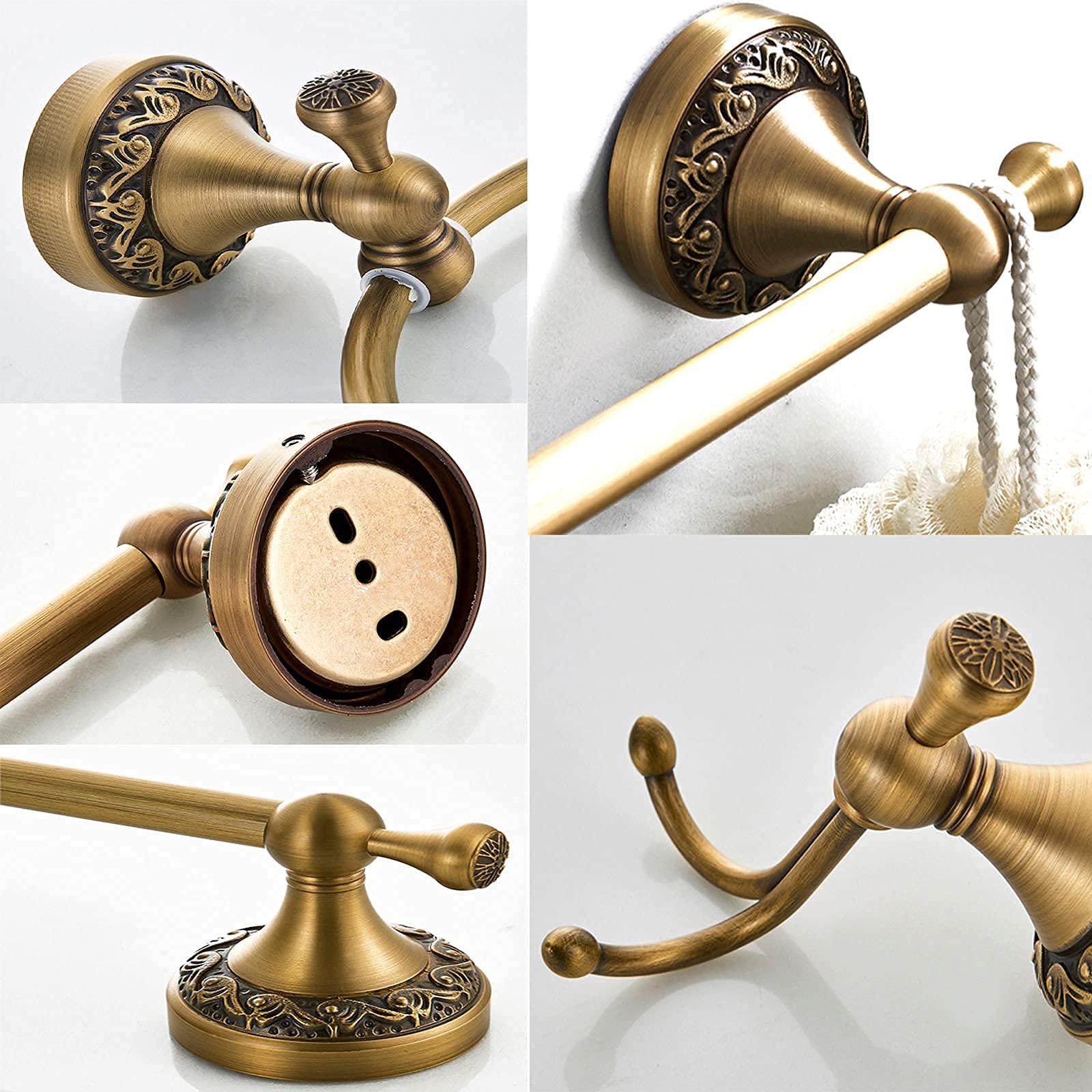 BATHSIR Antique Brass 4-Piece Bathroom Hardware Set - Adjustable Towel Bar, Expandable Towel Holder, Toilet Paper Holder, Towel Ring & Robe Hook - Vintage Carved Wall Mount Accessories for Classic & Farmhouse Style Bathrooms