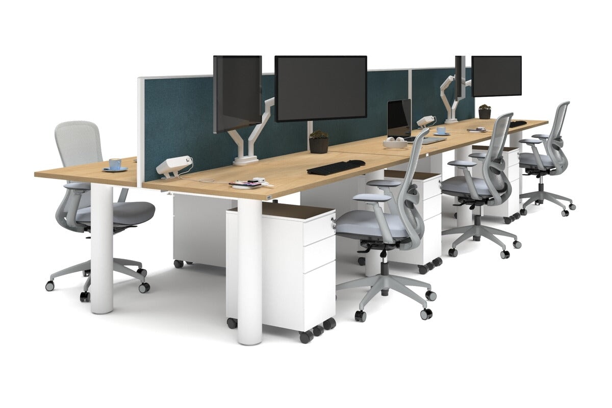 Quadro Cylinder Leg 6-Person Office Workstation Desk [1600L x 700W] - Modern Collaborative Workspace Solution for Team Meetings & Office Productivity
