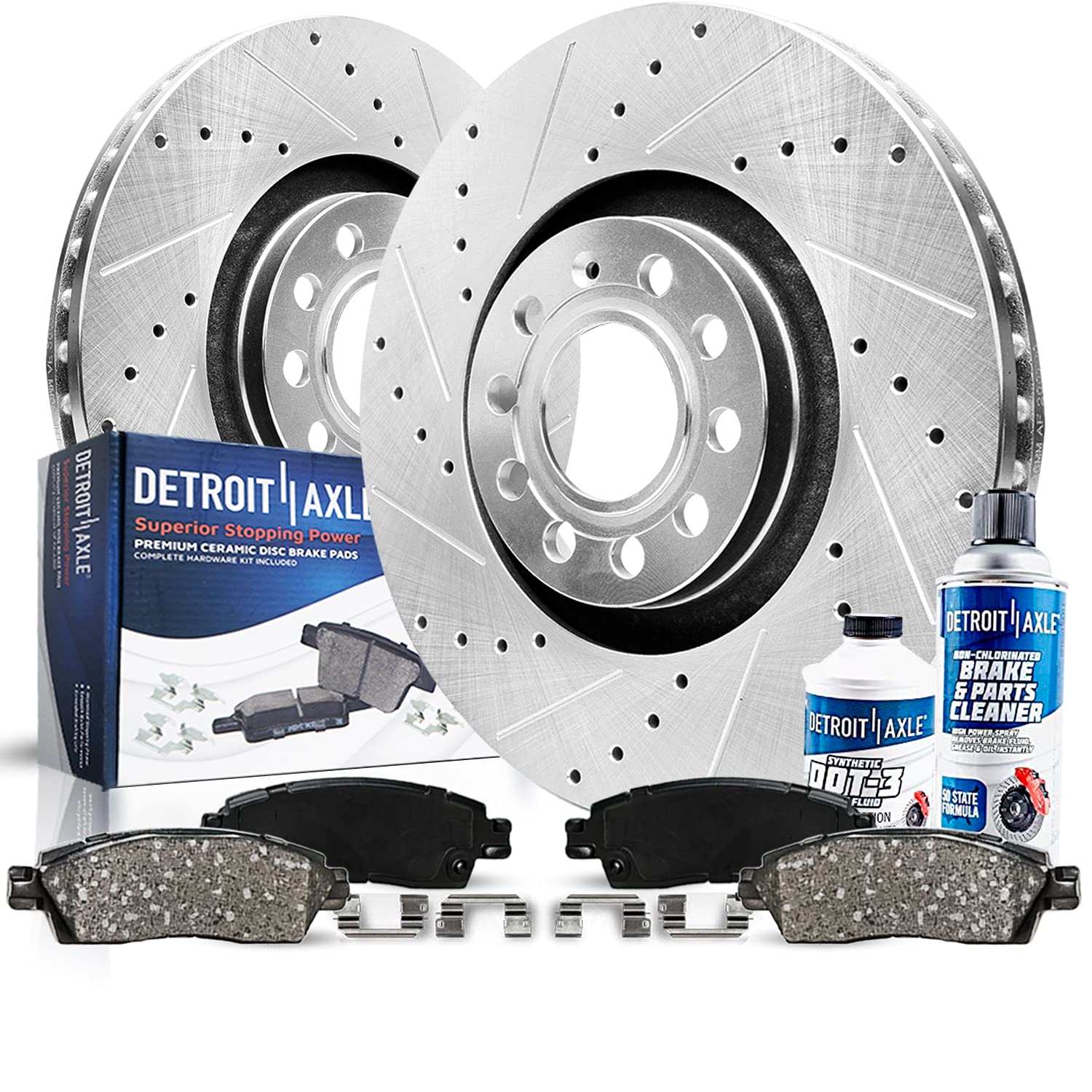 Detroit Axle Front Brake Kit for Volkswagen Jetta Golf EOS Audi A3 Quattro - Drilled & Slotted Brake Rotors & Ceramic Brake Pads (11.34 Inch) | High Performance Braking System for City Driving & Highway Safety