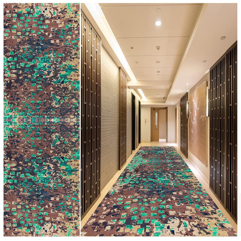 Non-Slip Washable Abstract Hallway Runner Rug 2.6' x 5' - Stain Resistant Rubber Backed Carpet for Kitchen, Living Room, Bedroom & Entryway - Mottled Green/Brown Design - Perfect for High Traffic Areas & Home Decor