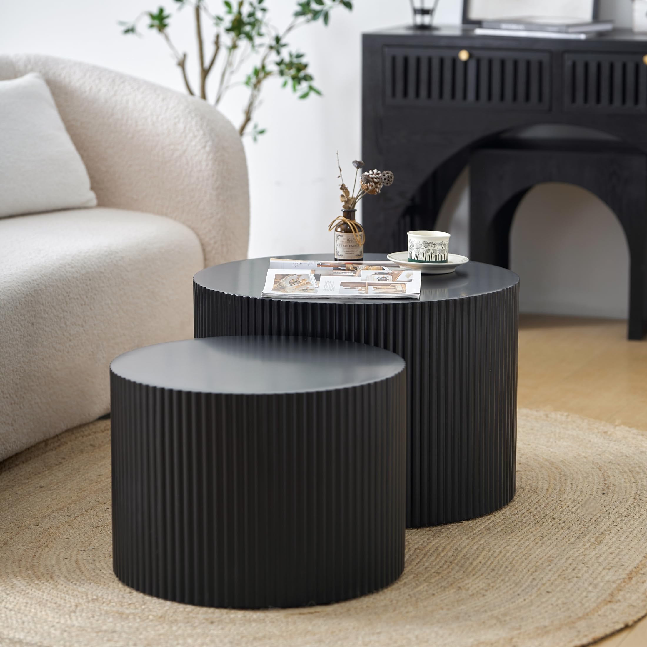 Modern Drum Nesting Coffee Table Set of 2 - Round Wave Stripe Side End Tables for Living Room & Bedroom - Black - Perfect for Small Spaces & Contemporary Home Decor