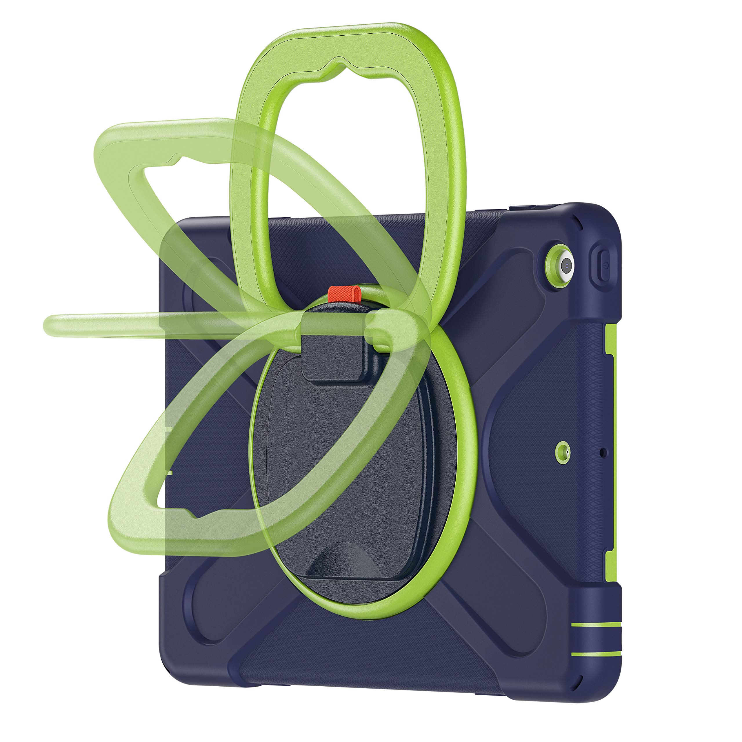 KIQ Ring Shield Heavy Duty Protective Case for iPad 9th/10.2-inch 2021 & 7th/8th Gen 10.2-inch 2019-2020 - with Apple Pencil Holder & Adjustable Shoulder Strap (Dark Blue/Lime Green) - Perfect for Travel, School & Business Use