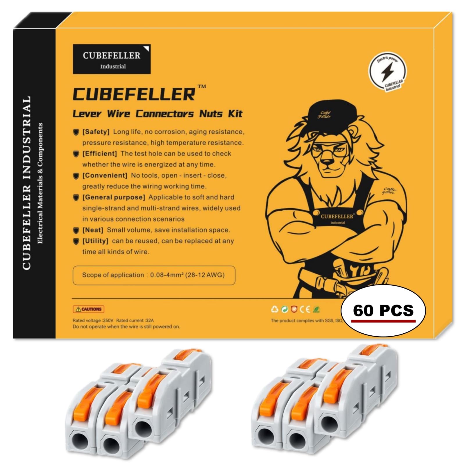 CUBEFELLER® 60pcs Lever Wire Connectors - 24-12 AWG Splicing Connectors for Solid & Stranded Wires, Compact 1 Conductor Electrical Connectors | Ideal for Home Wiring, DIY Projects & Electrical Repairs