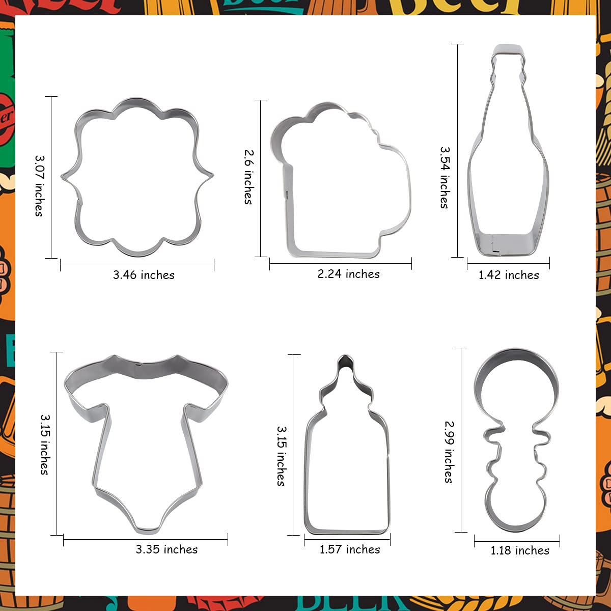 Stainless Steel Beer Themed Cookie Cutters Set - Baby Brewing Beer Mug, Bottle, Onesie, Rattle & Photo Plaques - Dough & Fondant Biscuit Molds for Baby Showers, Birthdays & Baking Parties