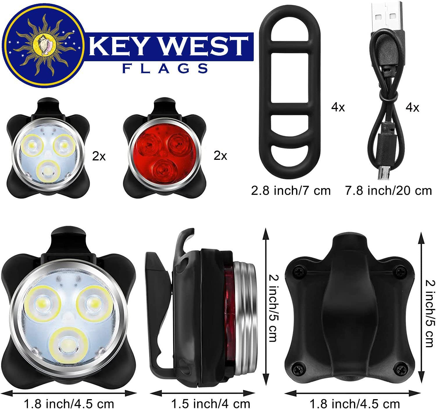 Super Bright Rechargeable Bike Light Set - 4 LED Lights for Cycling Safety