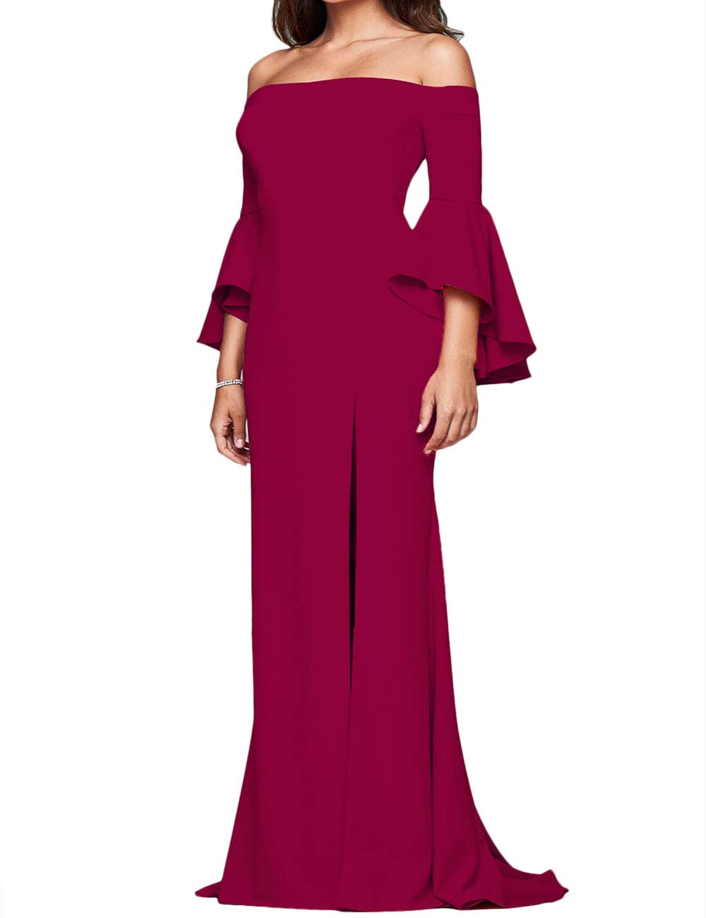 ECDAHICC Women's Off Shoulder Bell Sleeve High Slit Formal Evening Dress for Party, Wedding, Bridesmaid & Prom - Elegant Long Gown for Special Occasions