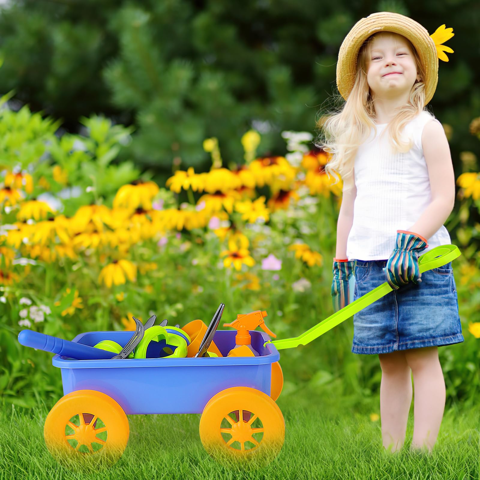 deAO Kids Garden Wagon Wheelbarrow with 10-Piece Gardening Tools & 4 Plant Pots - Outdoor Toddler Toy Set for Pretend Play & Early STEM Learning | Perfect for Backyard Fun, Sandbox Activities & Preschool Gardening Education