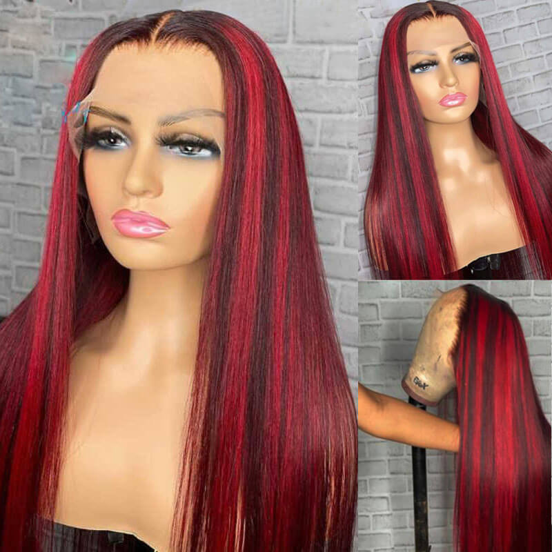 Eullair Red Blue Green Balayage Highlight Straight Lace Frontal Wig for Women - Peekaboo Highlights Human Hair Wig for Daily Wear & Cosplay