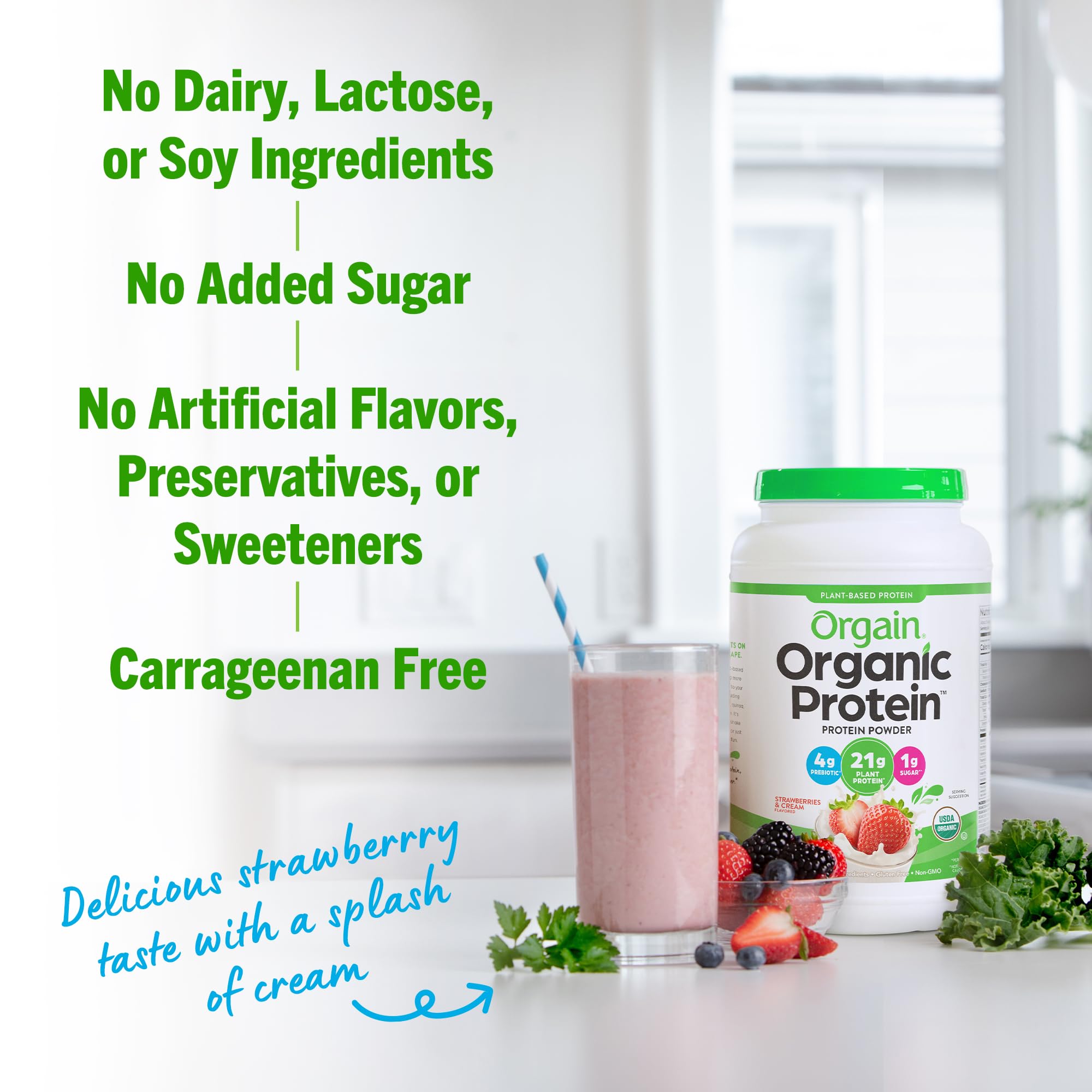 Orgain Organic Vegan Protein Powder, Strawberries & Cream - 21g Plant Based Protein, Low Carb, Gluten Free, Lactose Free, No Sugar Added, Soy Free, Non-GMO, 2.03lb (920g) for Post-Workout Recovery & Healthy Smoothies