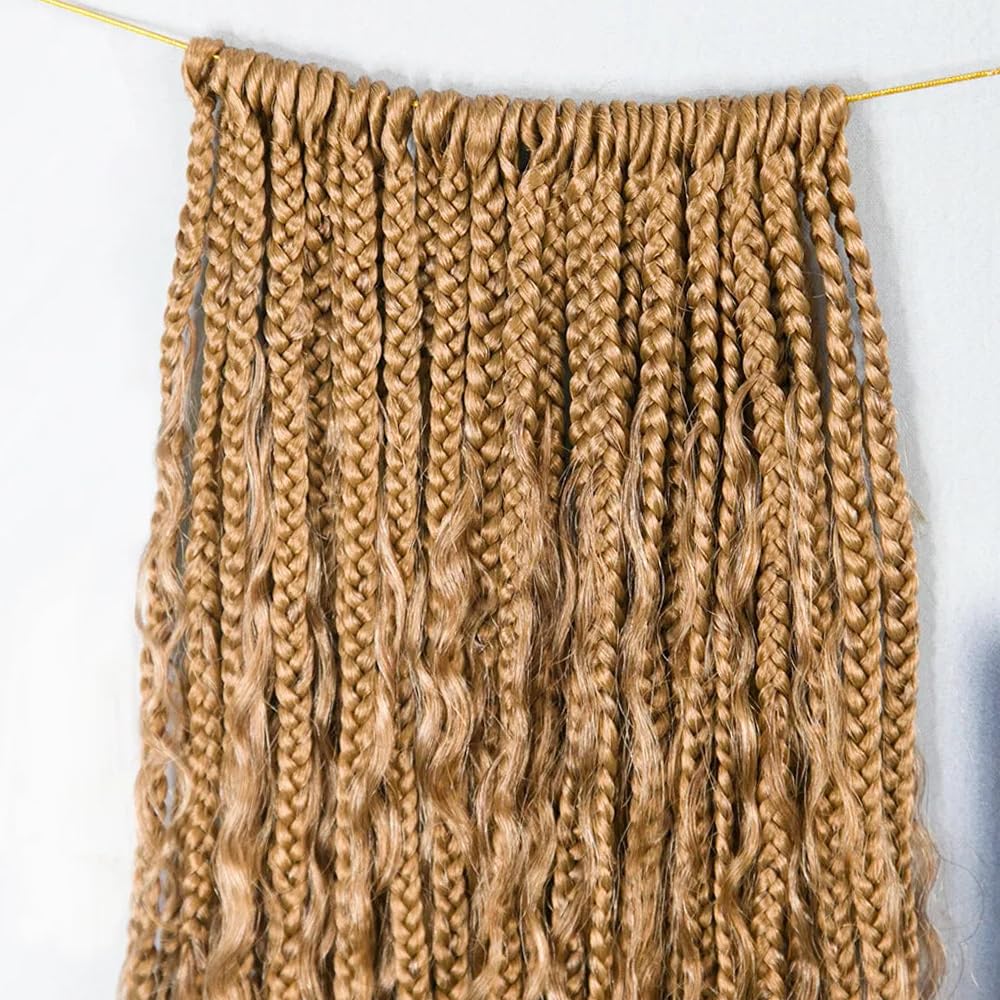 Honey Blonde #27 Crochet Boho Braids with Human Hair Curls - 24 Inch Pre-looped Box Braids with Curly Ends (80 Strands) - Perfect for Boho Chic, Festival, and Everyday Protective Hairstyles