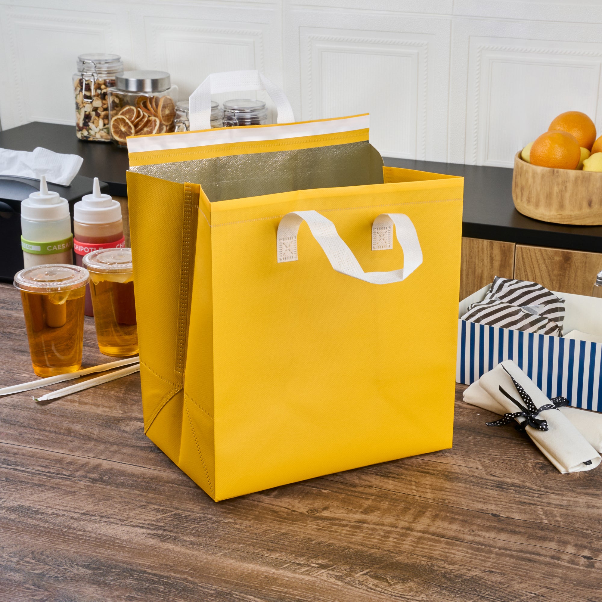 Insulated Yellow Takeout Bags - Tamper Evident Food Delivery Bags (11.75