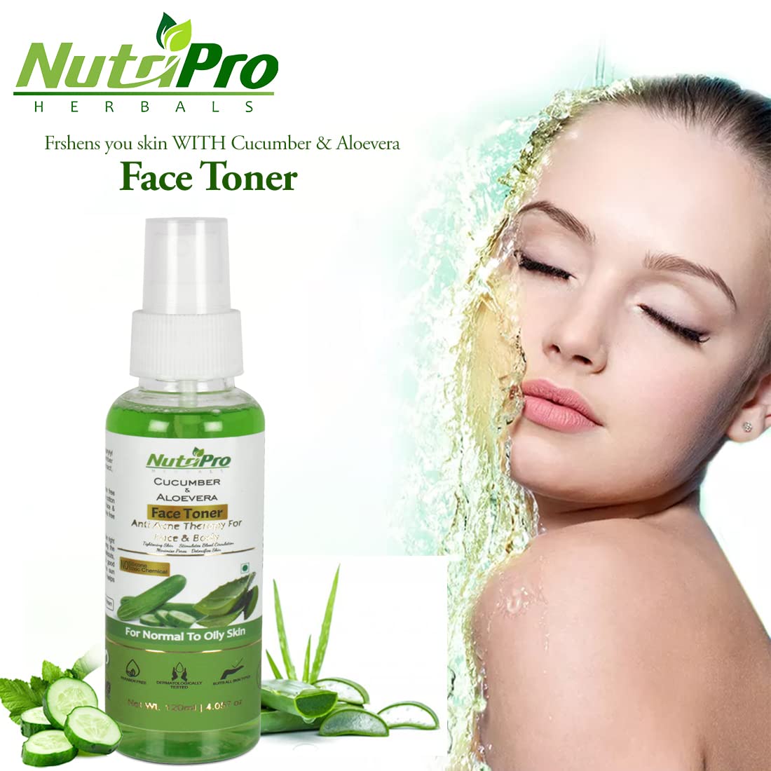 NutriPro Cucumber & Aloe Vera Face Toner for Acne Prone Skin - Sulfate Free, Paraben Free, Alcohol Free 120ml - Hydrating & Soothing Toner for Normal to Oily Skin - Perfect for Daily Skincare Routine & Post-Workout Refresh