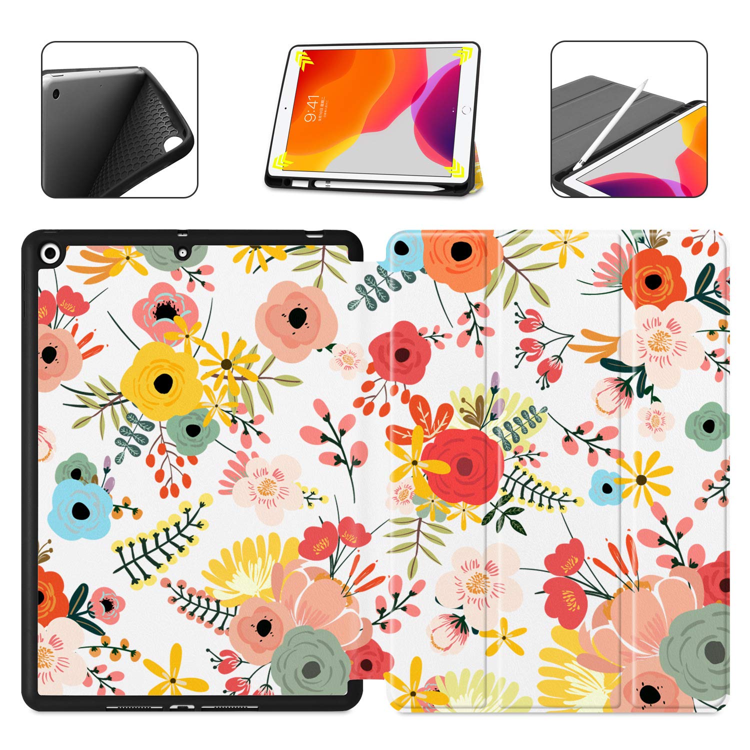 Batianda Lightweight PU Leather Trifold Stand Case with Pencil Holder for iPad 10.2 Inch (8th/7th Generation 2020 & 2019) - Auto Wake/Sleep Function, Watercolor Flower Design - Perfect for Work, Study & Travel Protection