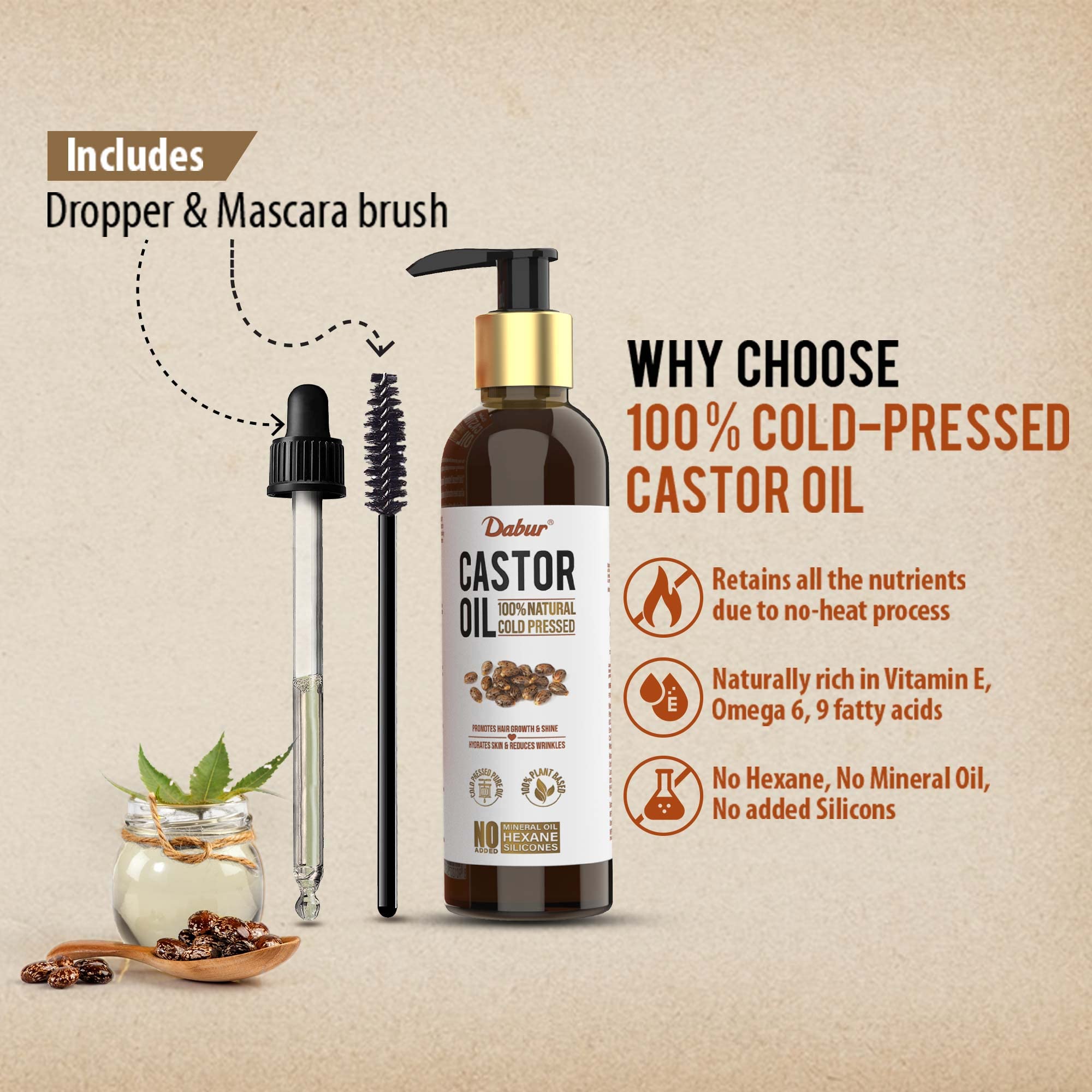Dabur Castor Oil - 200ml | 100% Pure Cold Pressed Castor Oil for Hair Growth & Skin Care | Natural Moisturizer for Dry Skin, Eyelash & Eyebrow Growth | Reduces Wrinkles & Dark Circles | No Mineral Oil, Silicones or Additives | Perfect for Hair Masks, Skin Hydration & Beauty Routines