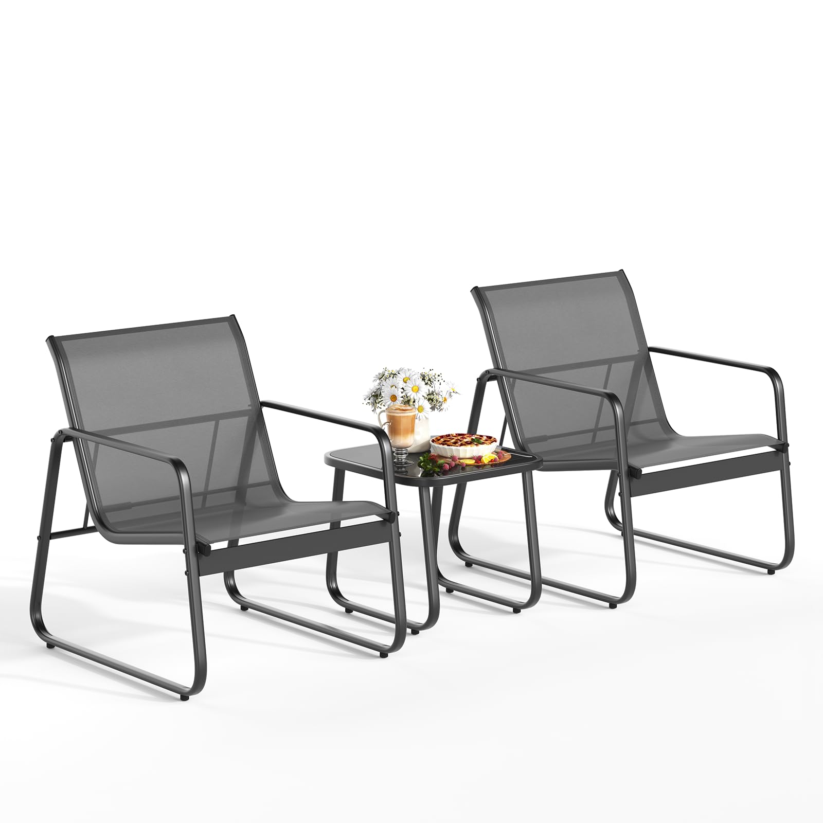 Gizoon 2-Piece Patio Furniture Set with Metal Frame & Glass Table - Outdoor Bistro Chairs & Table for Balcony, Lawn, Garden, Backyard - Black (Perfect for Relaxing, Dining & Entertaining Outdoors)