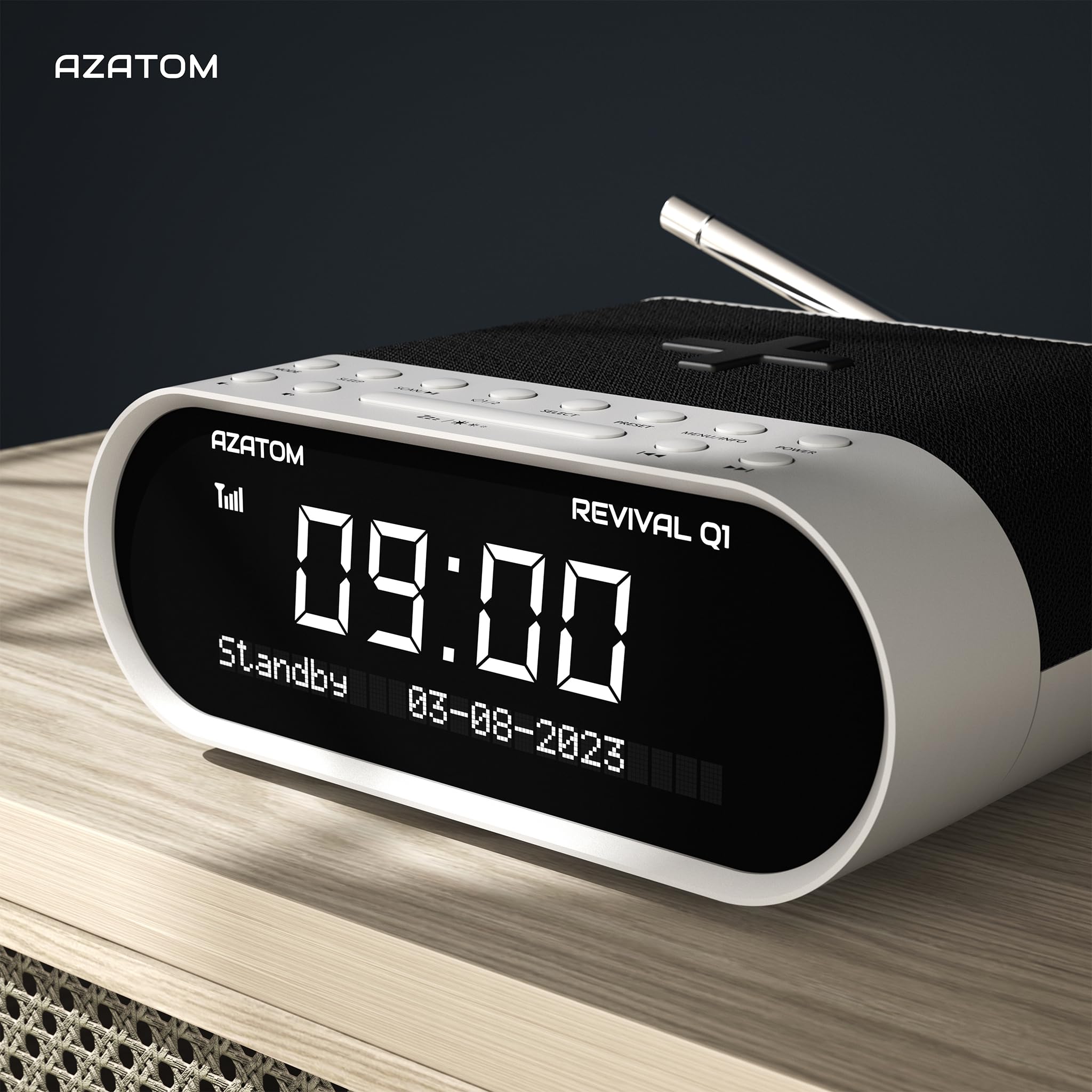 AZATOM Revival Q1 White DAB+ Digital FM Clock Radio with Bluetooth, Dual Alarm, Wireless Charging, Sleep Timer - Bedroom Alarm Clock with USB/AUX Ports for Phones & Headphones | Perfect for Home, Office, Nightstand Use