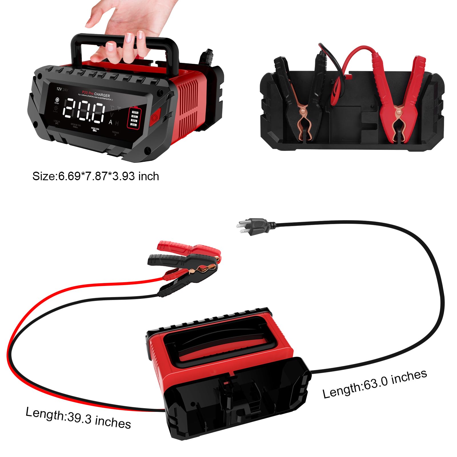 20-Amp 12V/24V Smart Car Battery Charger & Maintainer - Fast Charging for Lead-Acid, Lithium & LiFePO4 Batteries - Perfect for Cars, Motorcycles, Boats & RVs - Keep Your Vehicle Ready for Road Trips & Long-Term Storage