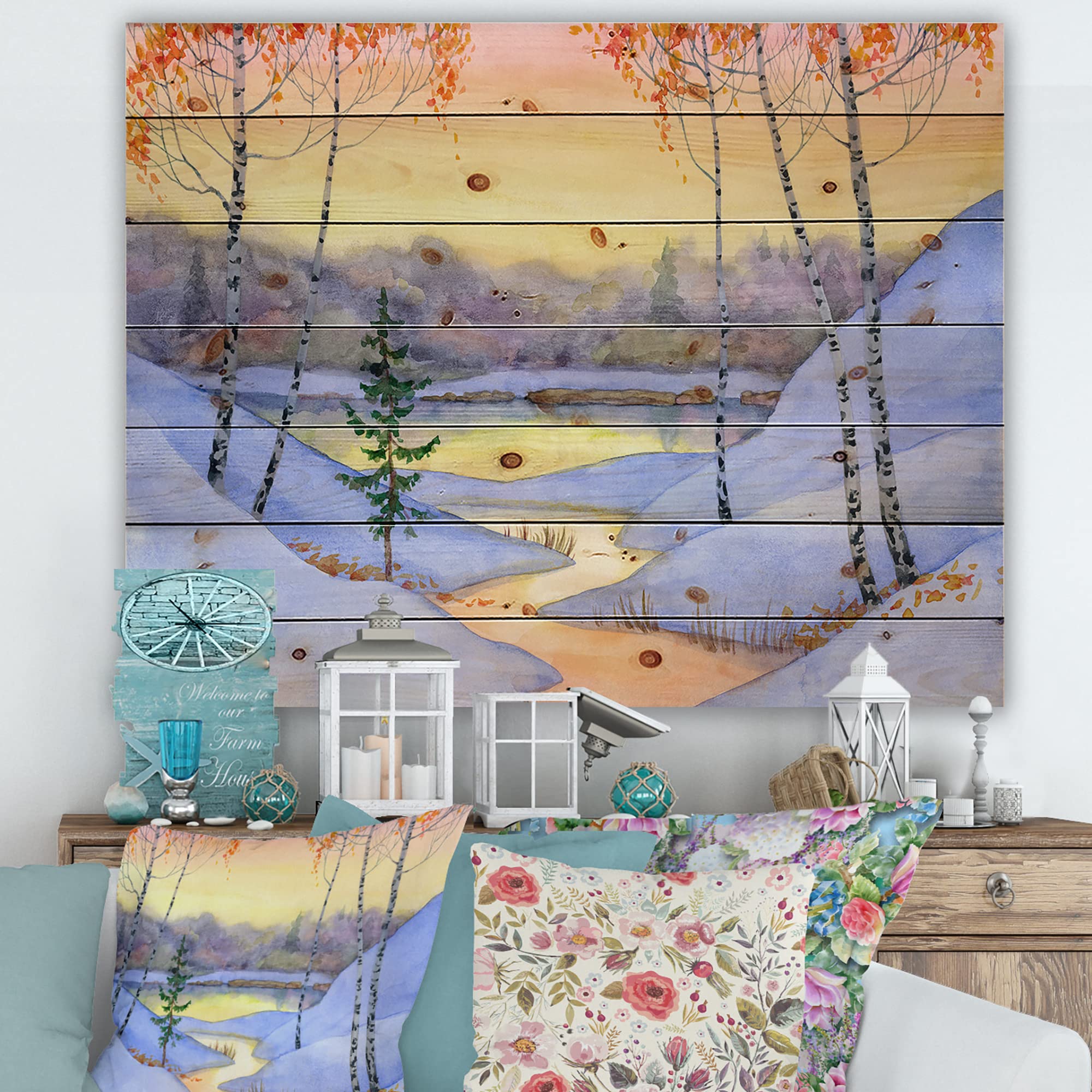 DesignQ Winter Forest Lake House Wood Wall Decor - White Wood Wall Art, Large Landscape Pine Wood Panels - Perfect for Living Room, Bedroom & Cabin Decor