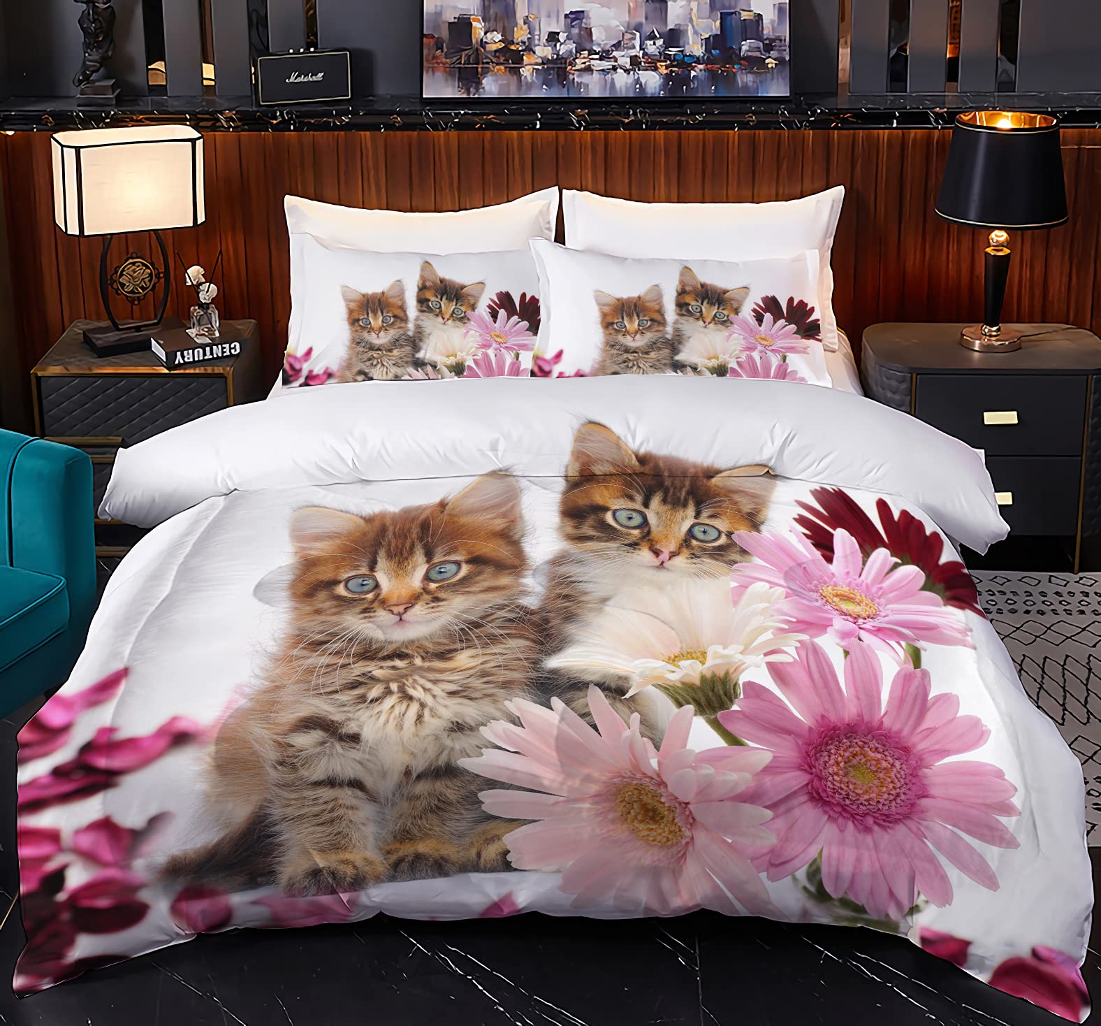 Yasida Queen Size Cat Comforter Set - 3 Piece Pink Floral Pet Bedding with 1 Duvet & 2 Pillowcases for Kids Boys Girls - Cute Animal Themed Nursery Bedroom Decor for Cat Lovers