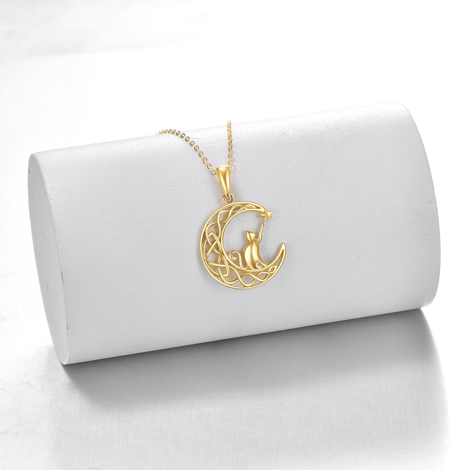 14K Solid Gold Cat Necklace for Women - Elegant Moon Pendant Jewelry, Dainty 16