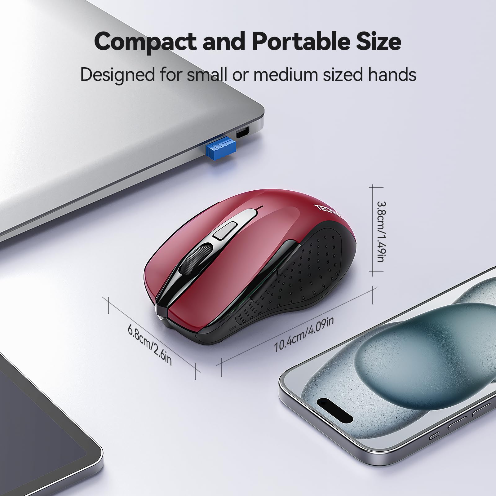 TECKNET Wireless Silent Mouse - 2.4G Optical Cordless USB Mouse with Quiet Click, 6 Adjustable DPI up to 4000 for Laptop, Chromebook, PC - Red | Perfect for Office, Library & Noise-Sensitive Environments