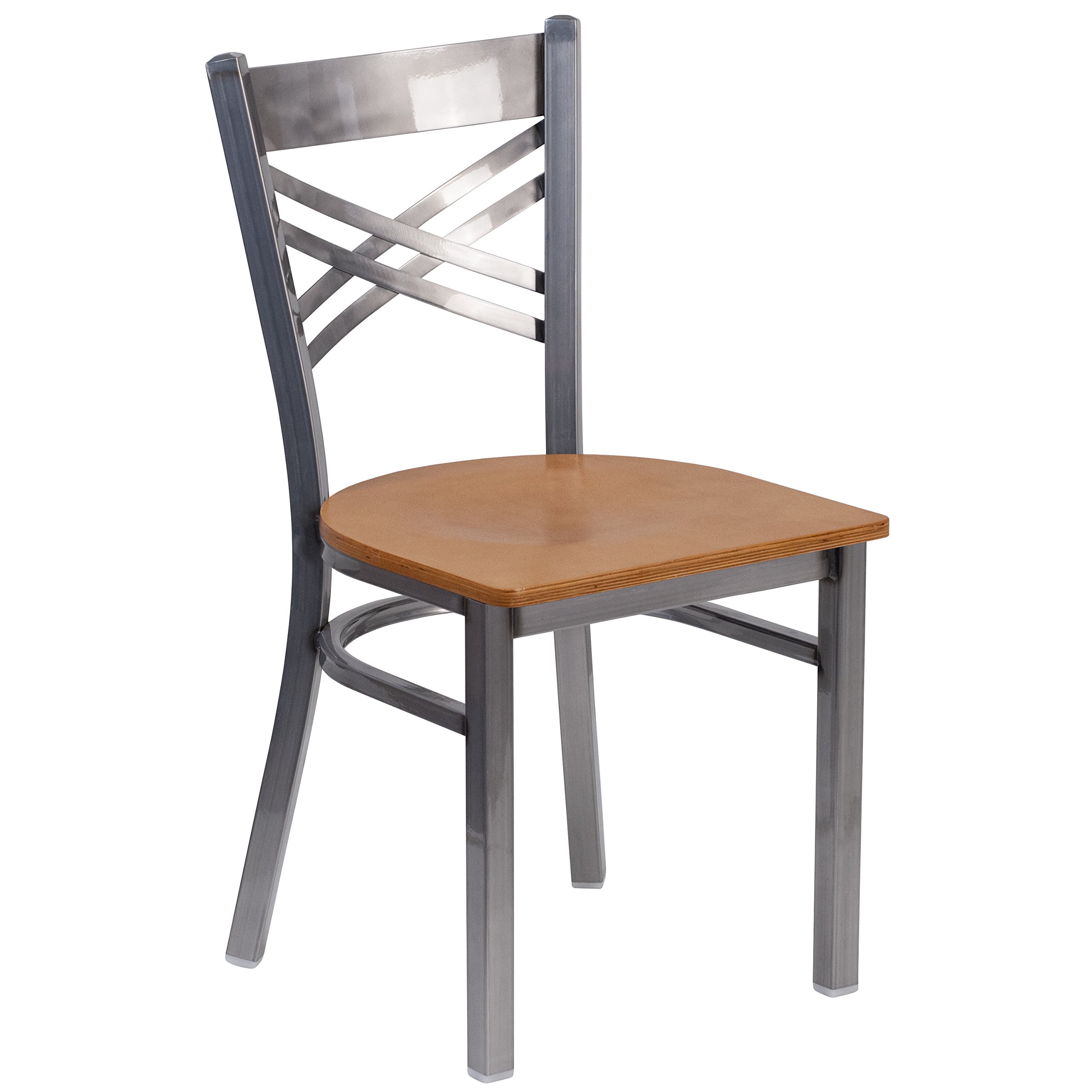 EMMA + OLIVER Clear Coated X Back Metal Restaurant Chair with Natural Wood Seat - Durable Commercial Dining Furniture for Cafes, Bistros & Home Kitchens